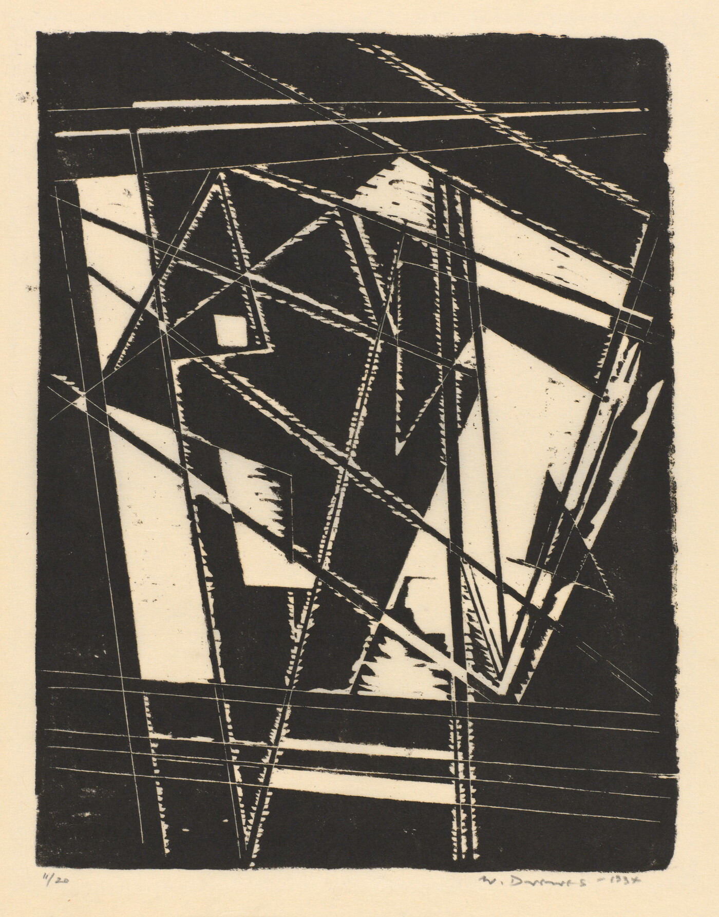 An abstract black-and-white print of prominent, angular black shapes and lines creating bold rectangles, triangles and negative spaces.