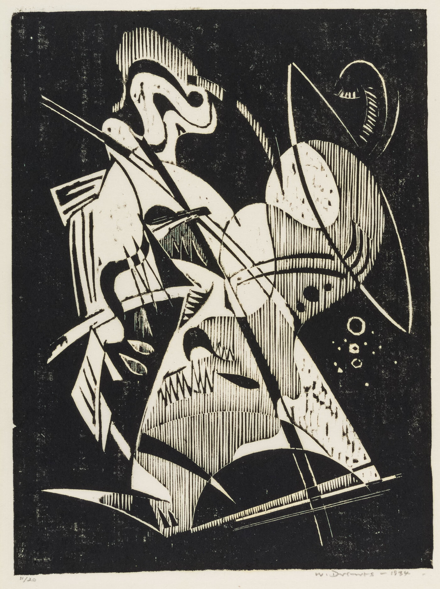 An abstract black-and-white print of curved shapes, diagonal lines, and shaded forms.