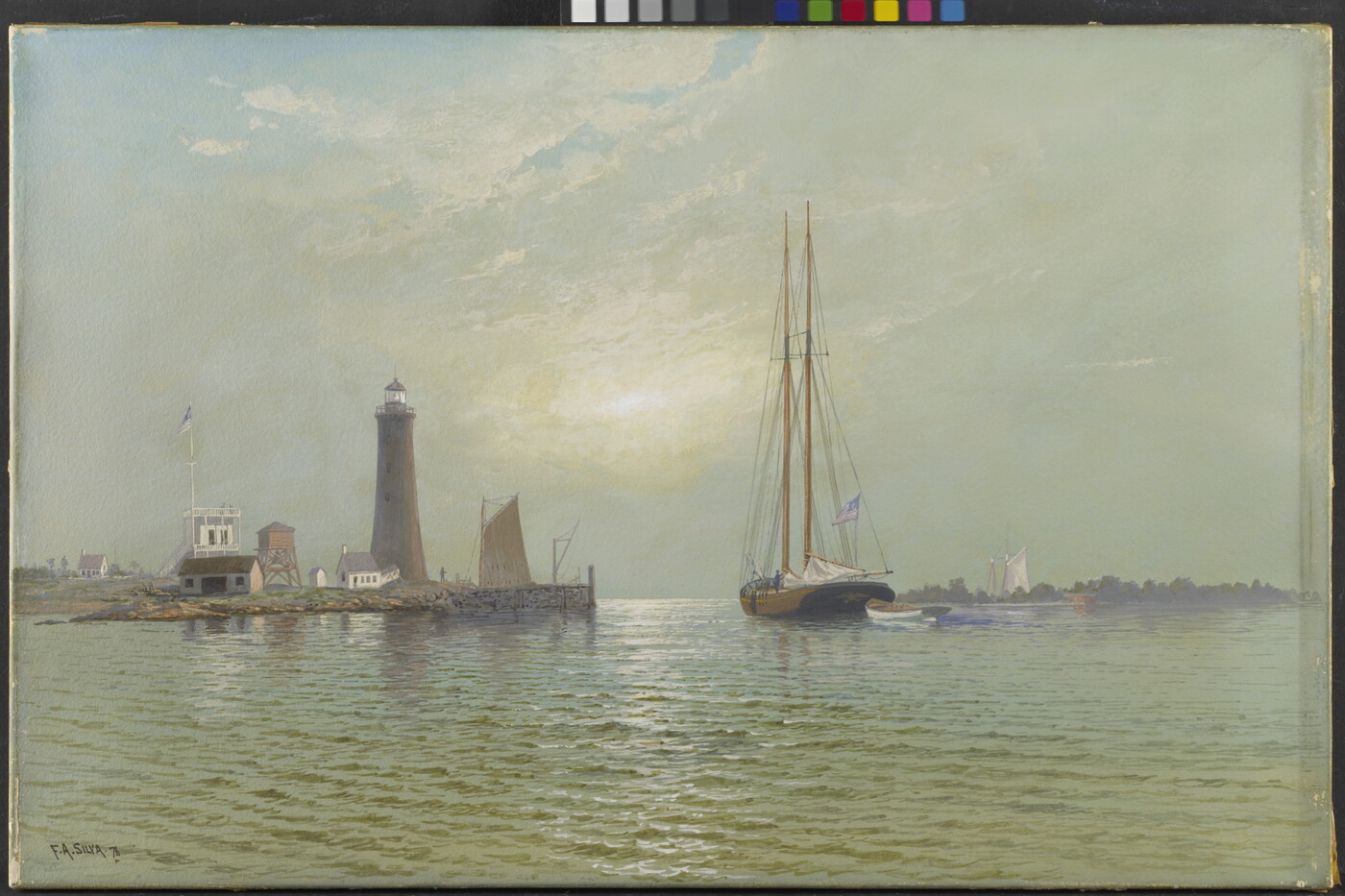 A watercolor of a harbor at sunrise that includes a lighthouse and a boat with tall masts.