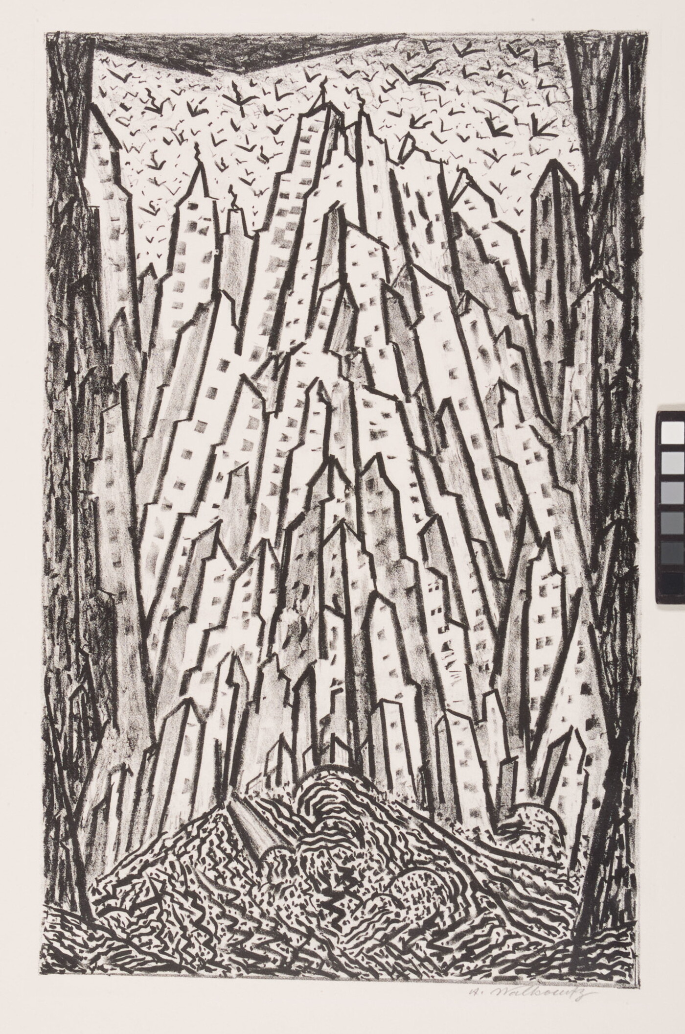 An abstract black-and-white print of outlined skyscrapers stacked side-by-side that reach to the sky, as seen from the ground.