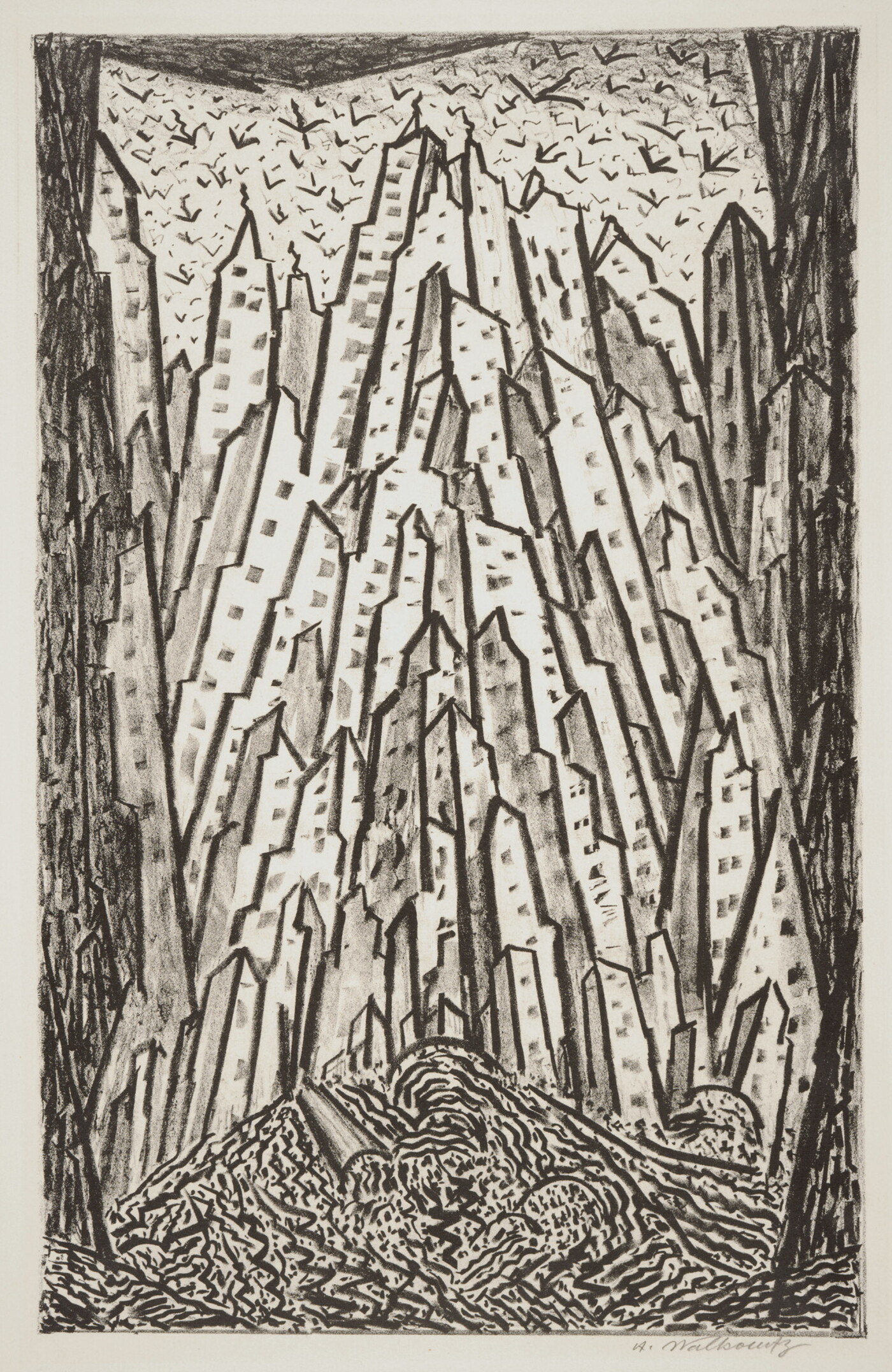 An abstract black-and-white print of outlined skyscrapers stacked side-by-side that reach to the sky, as seen from the ground.