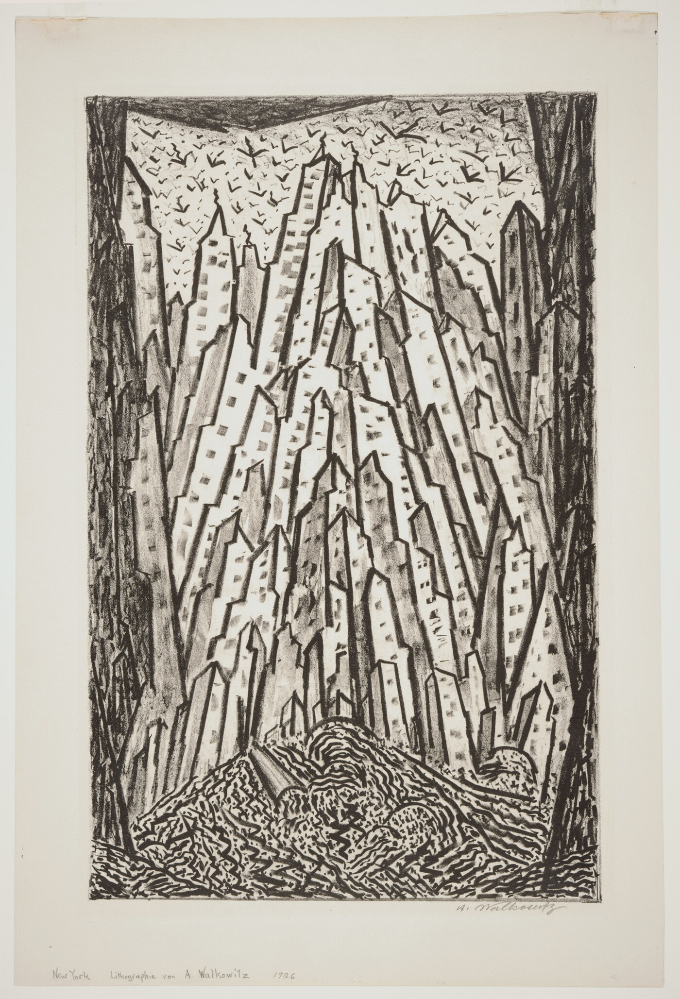 An abstract black-and-white print of outlined skyscrapers stacked side-by-side that reach to the sky, as seen from the ground.