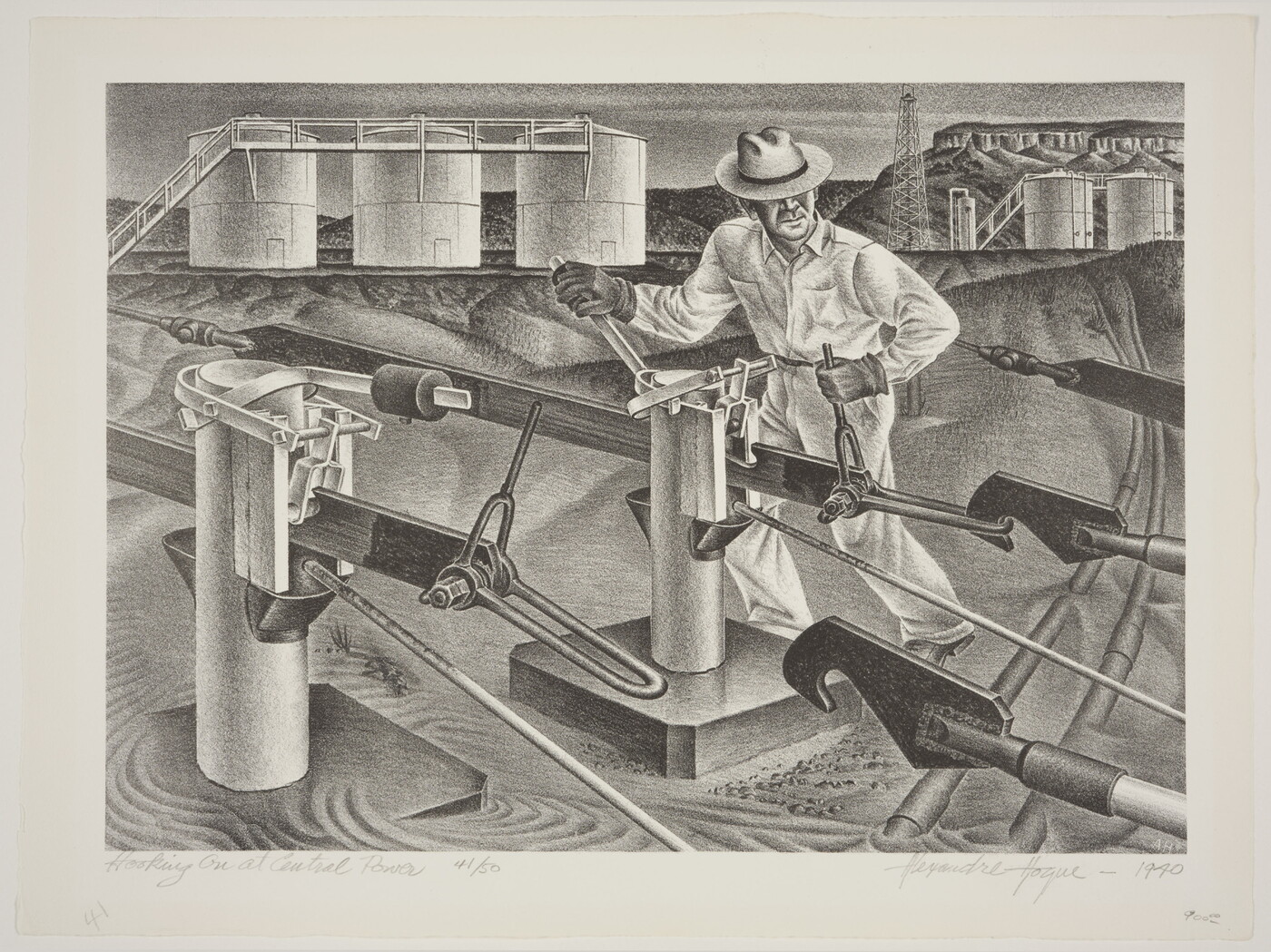 A black-and-white print of a man maneuvering machinery with large storage tanks in the background.