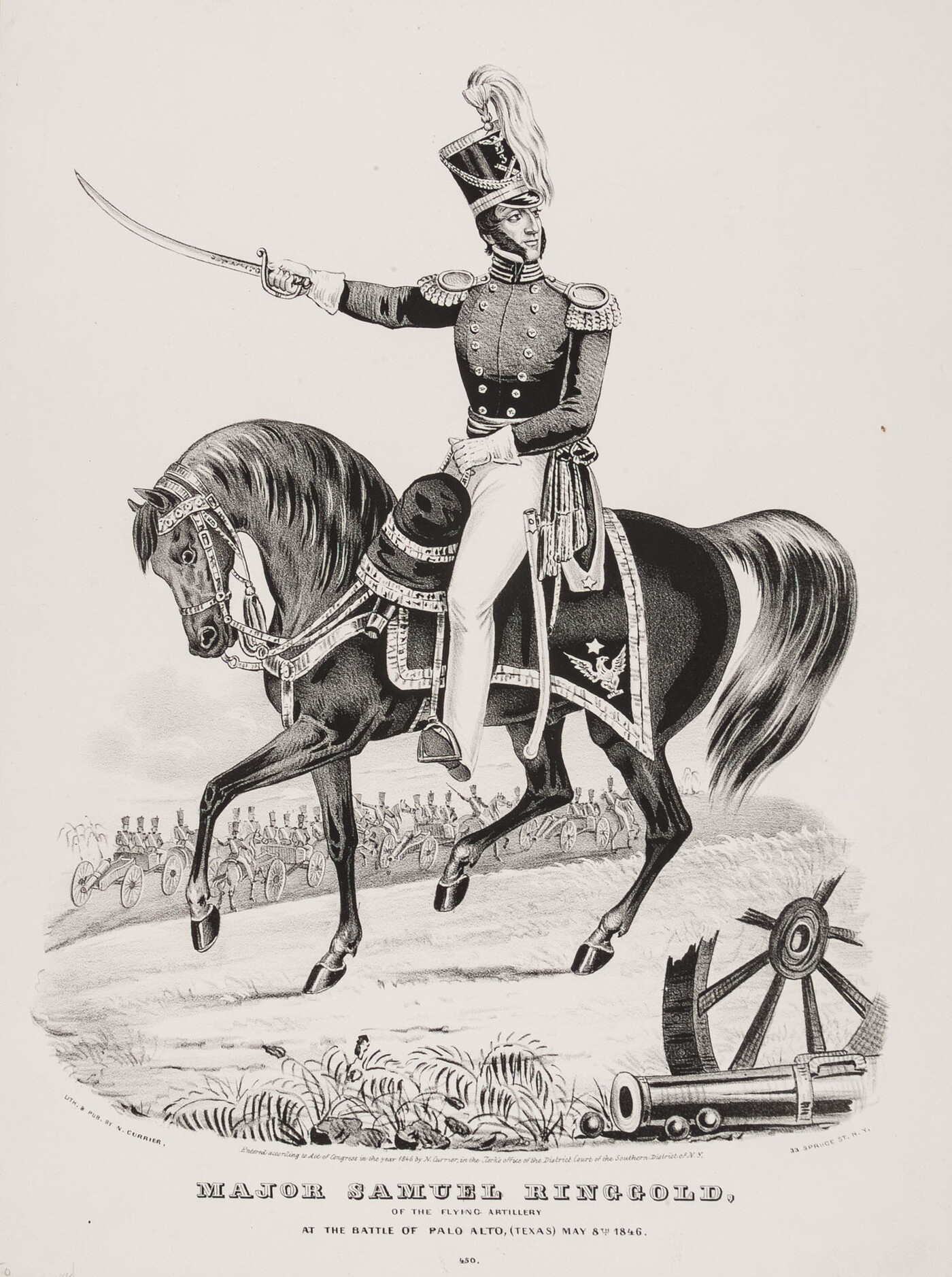 A black-and-white print of a man in military uniform on horseback with sword drawn and pointed in front of him.
