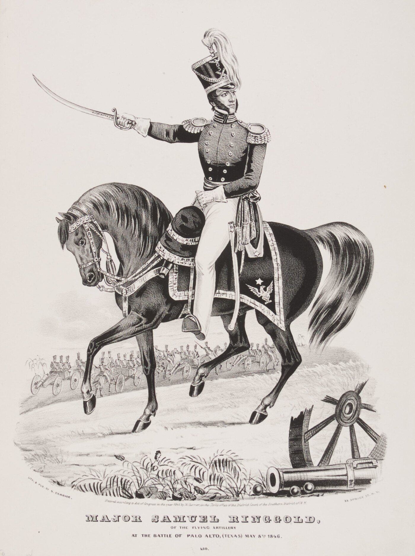 A black-and-white print of a man in military uniform on horseback with sword drawn and pointed in front of him.