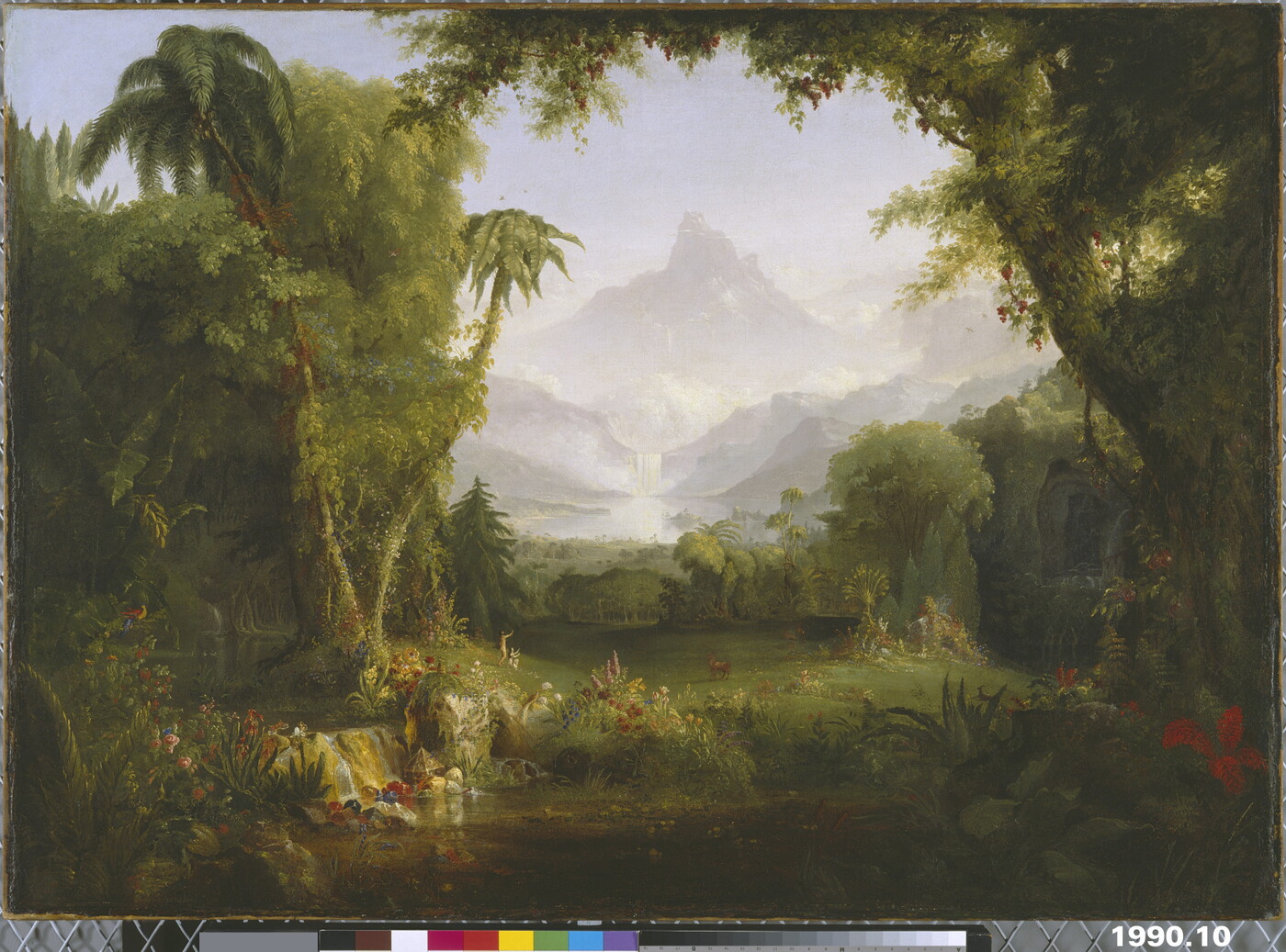 A lush, green landscape painting with two small, nude figures marveling at nature.