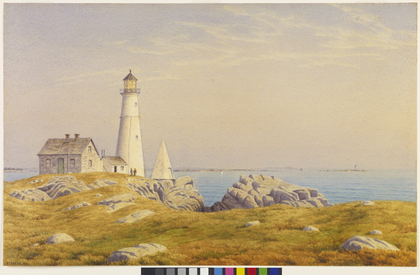 A landscape watercolor of a lighthouse on a rocky coast overlooking the sea.