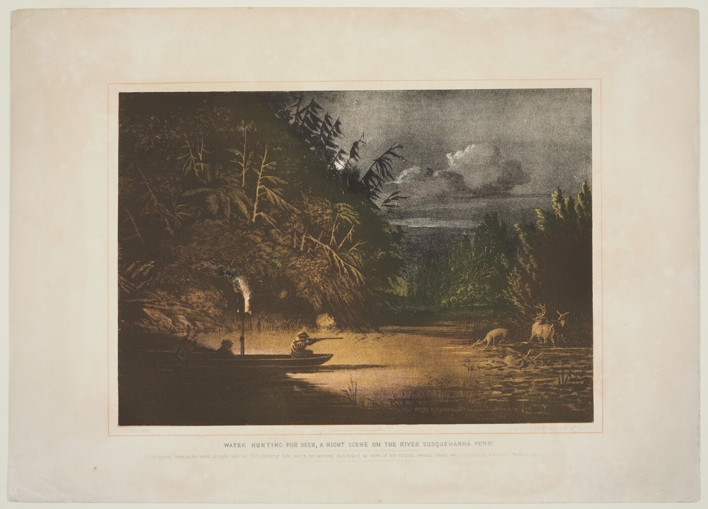 A color print of two people, one pointing a rifle at deer on the shore, in a canoe on calm water at night.