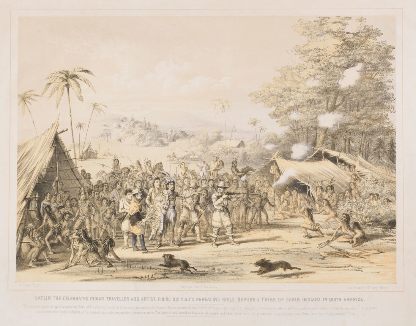 A color print of several White men and a group of Native American men surrounding a White man pointing a rifle at Indigenous women and children.