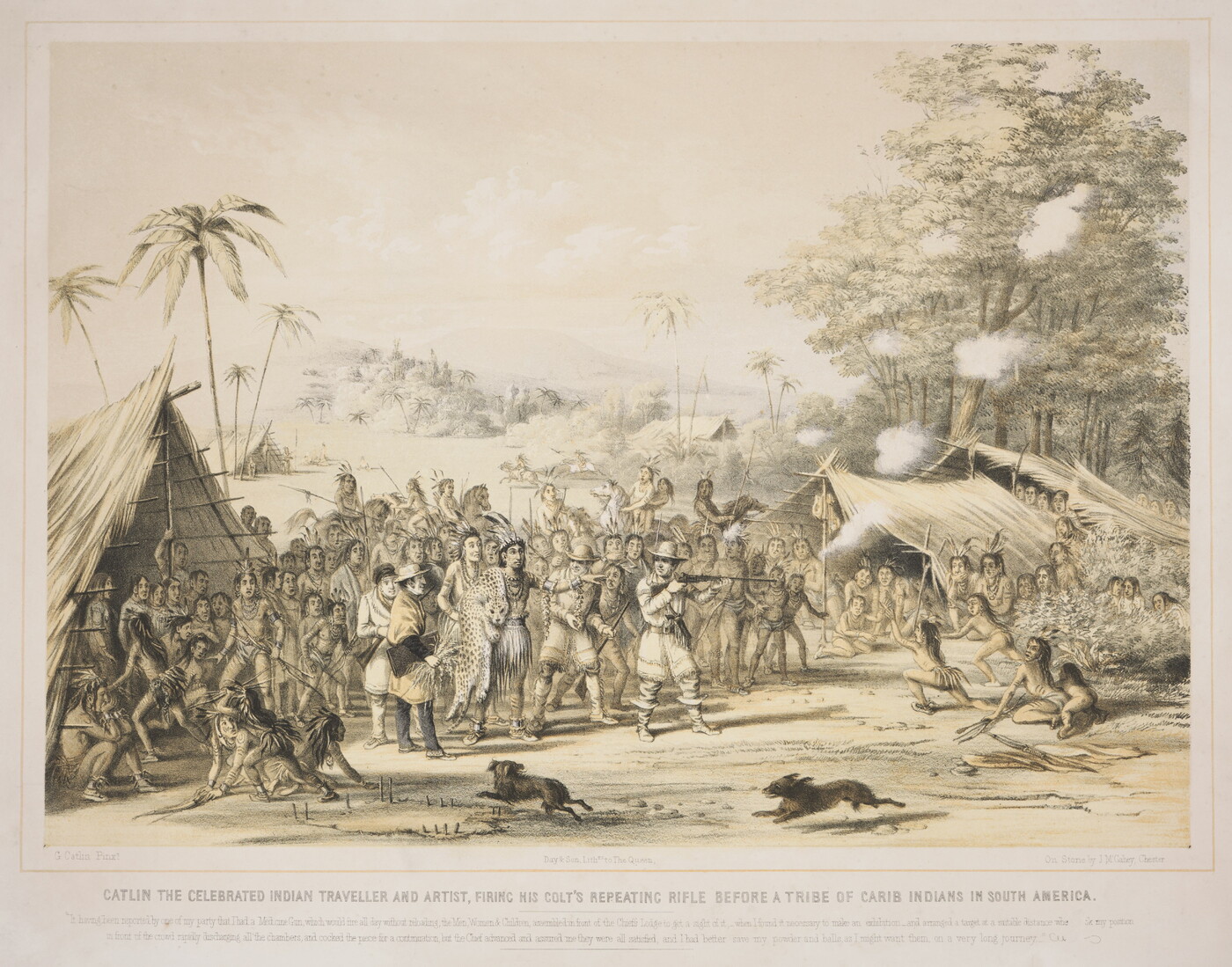 A color print of several White men and a group of Native American men surrounding a White man pointing a rifle at Indigenous women and children.