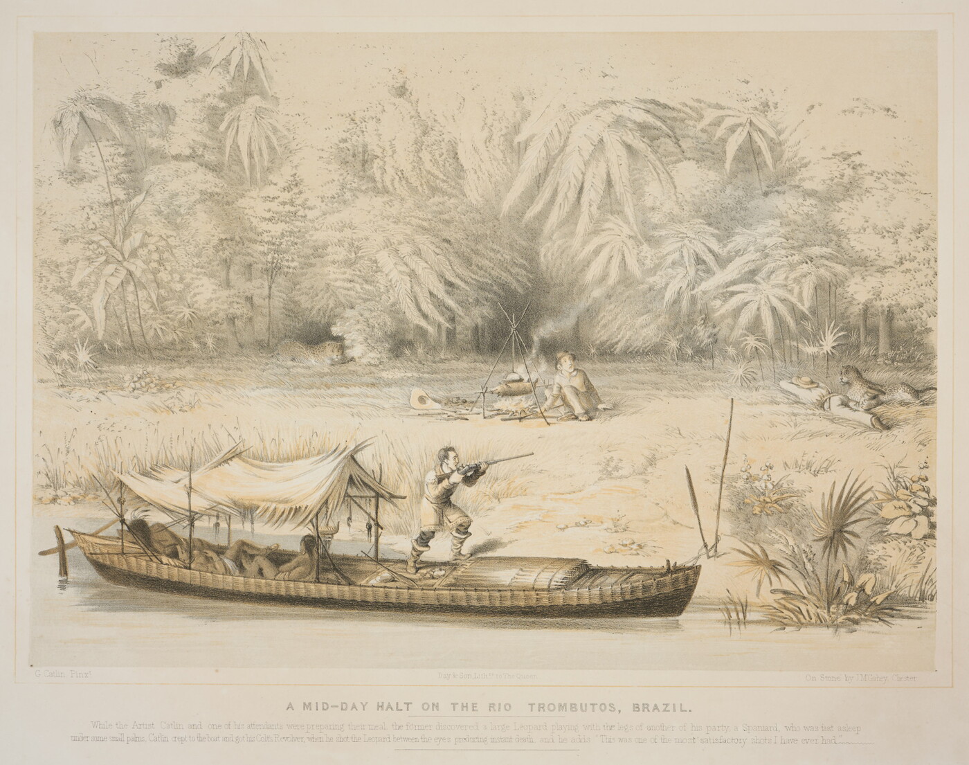 A color print of a White man standing on a boat in a river pointing a rifle at a leopard that has attacked a person on the riverbank; a White man roasting a pig over a fire watches as another leopard lurks in the trees.
