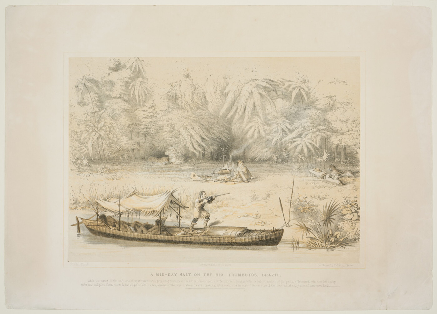 A color print of a White man standing on a boat in a river pointing a rifle at a leopard that has attacked a person on the riverbank; a White man roasting a pig over a fire watches as another leopard lurks in the trees.