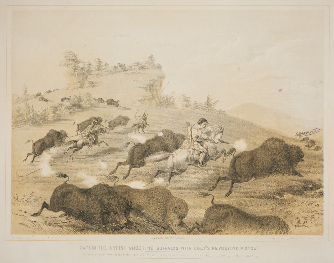 A color print of a White man on horseback shooting a revolver at a running bison in a herd; in the background, Native Americans on horseback use arrows and spears to hunt bison.