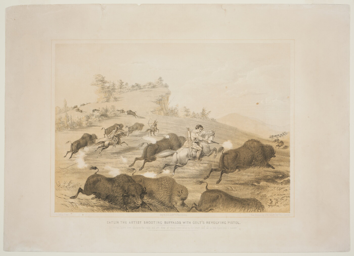 A color print of a White man on horseback shooting a revolver at a running bison in a herd; in the background, Native Americans on horseback use arrows and spears to hunt bison.