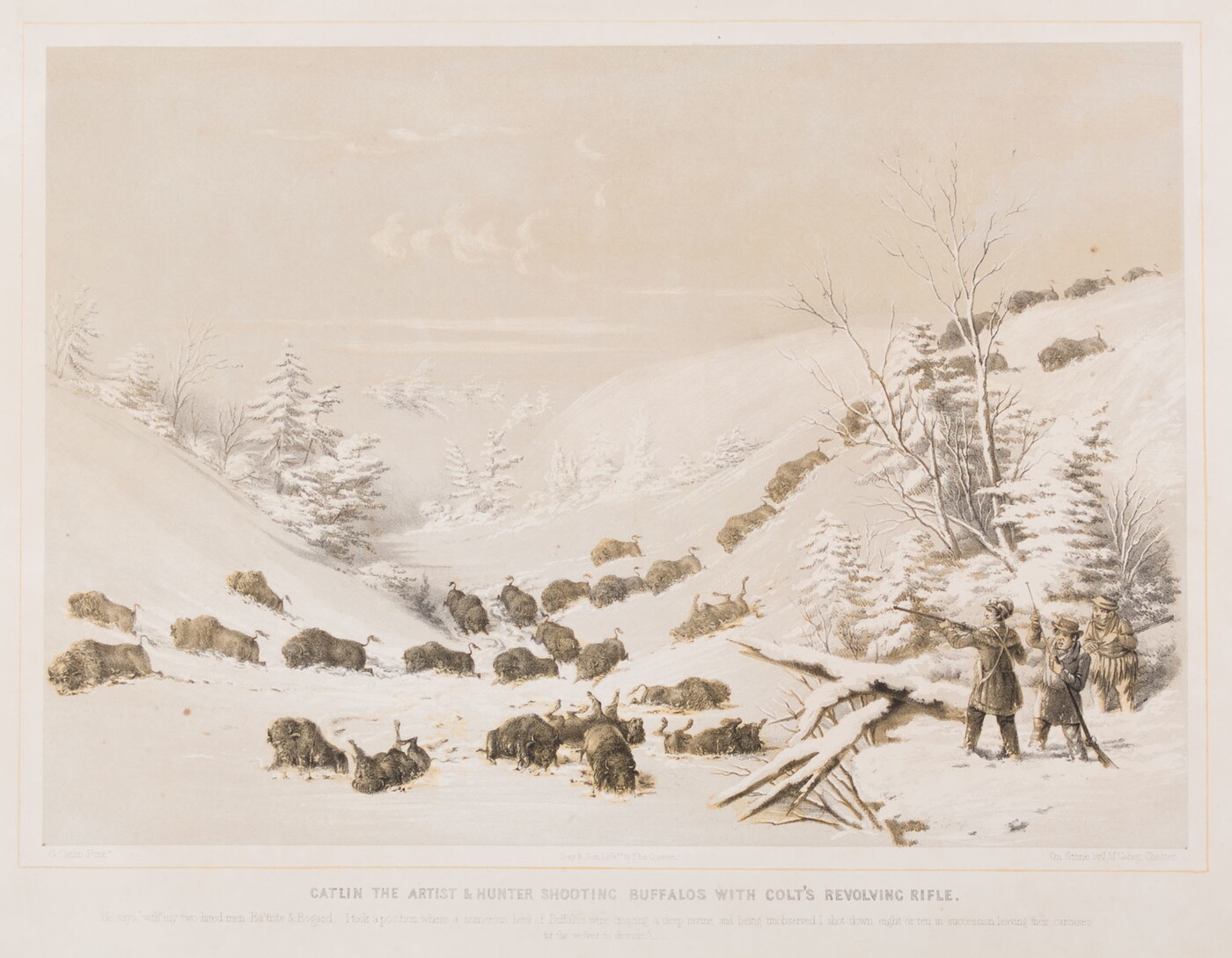 A muted color print of three White men holding guns and several dead bison lying in the snow.