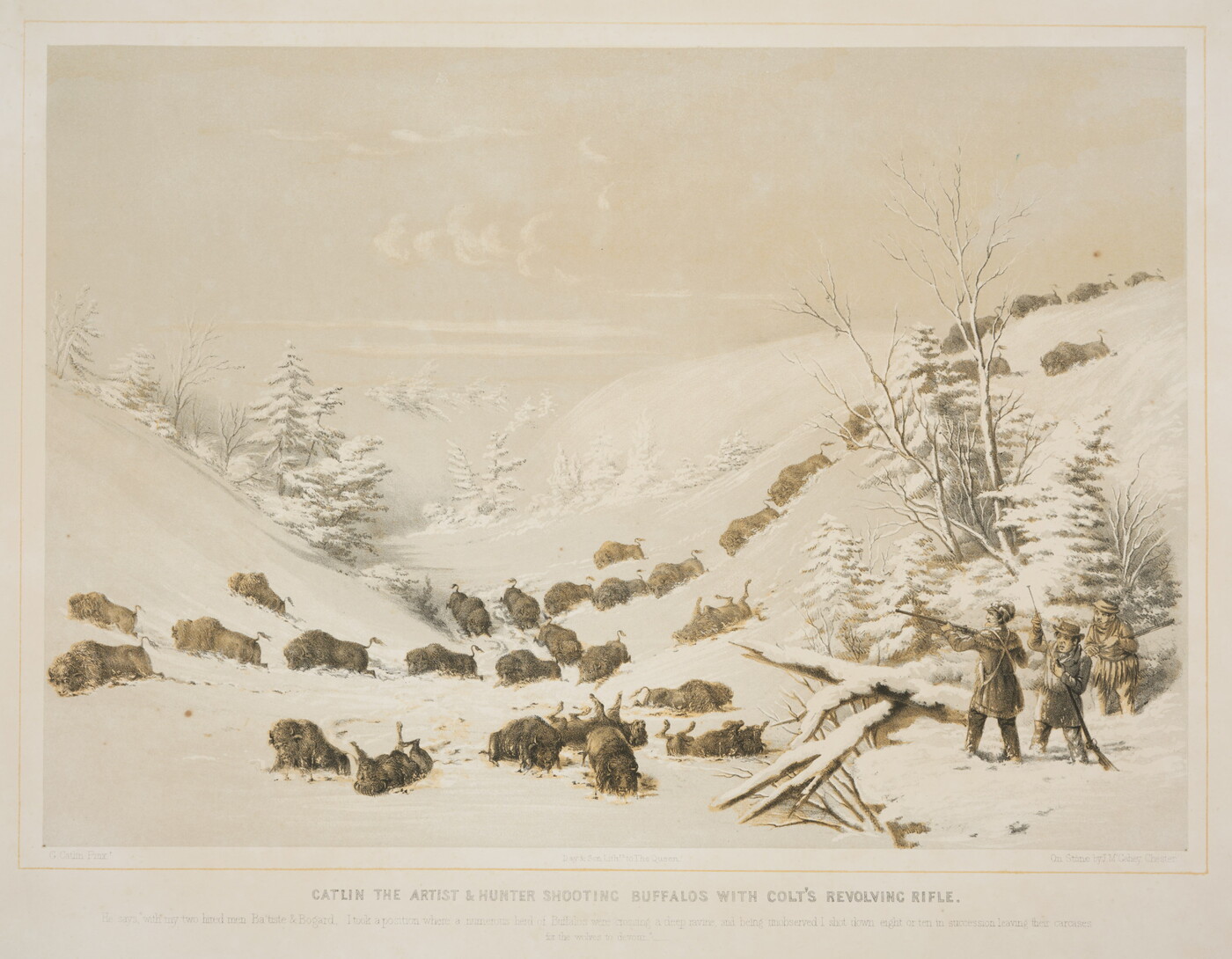 A muted color print of three White men holding guns and several dead bison lying in the snow.