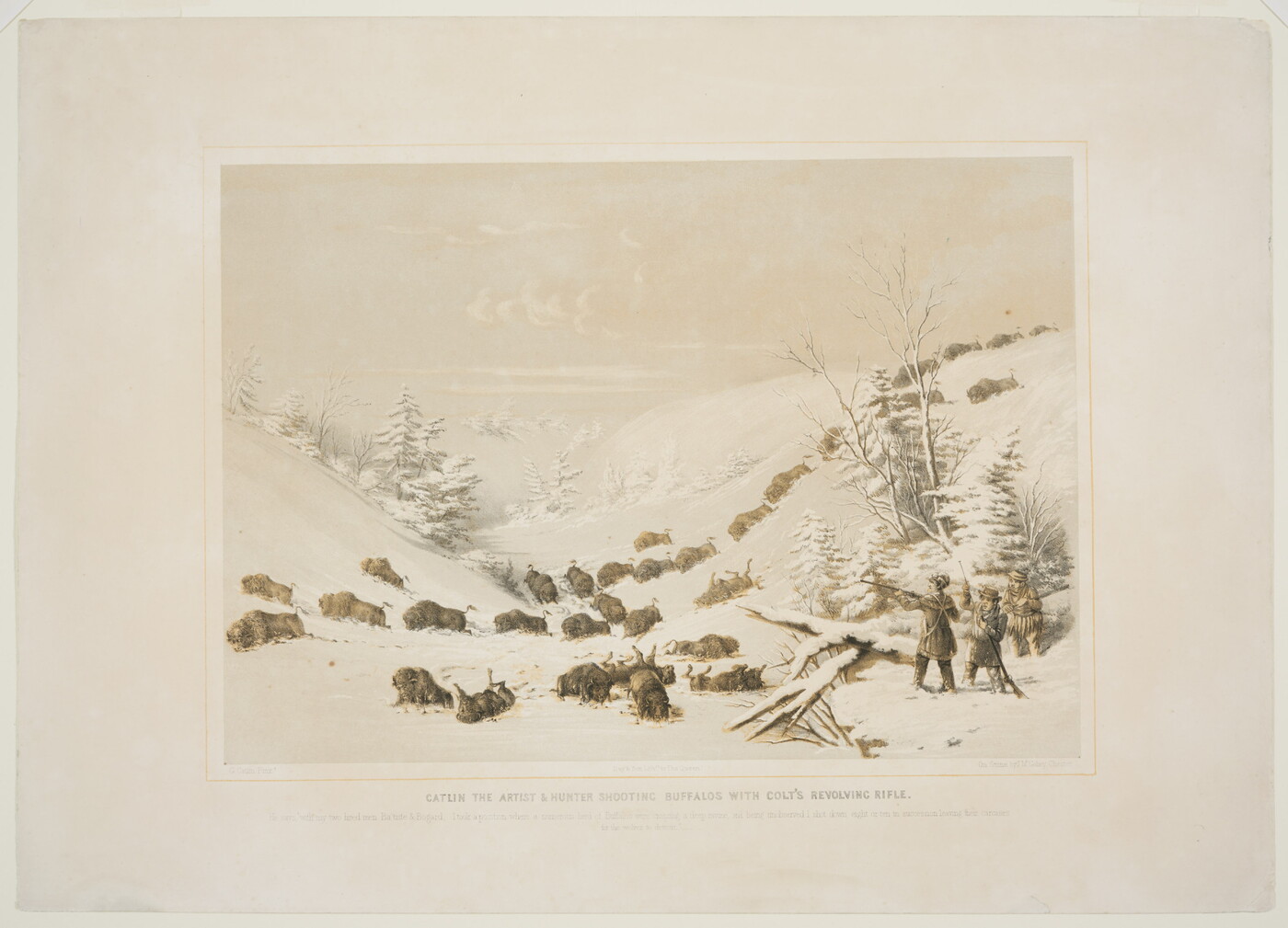 A muted color print of three White men holding guns and several dead bison lying in the snow.