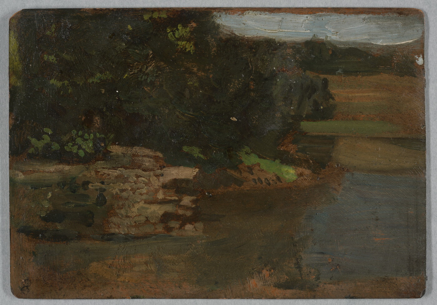 An oil painting study of rocks jutting into the water in a lush landscape.