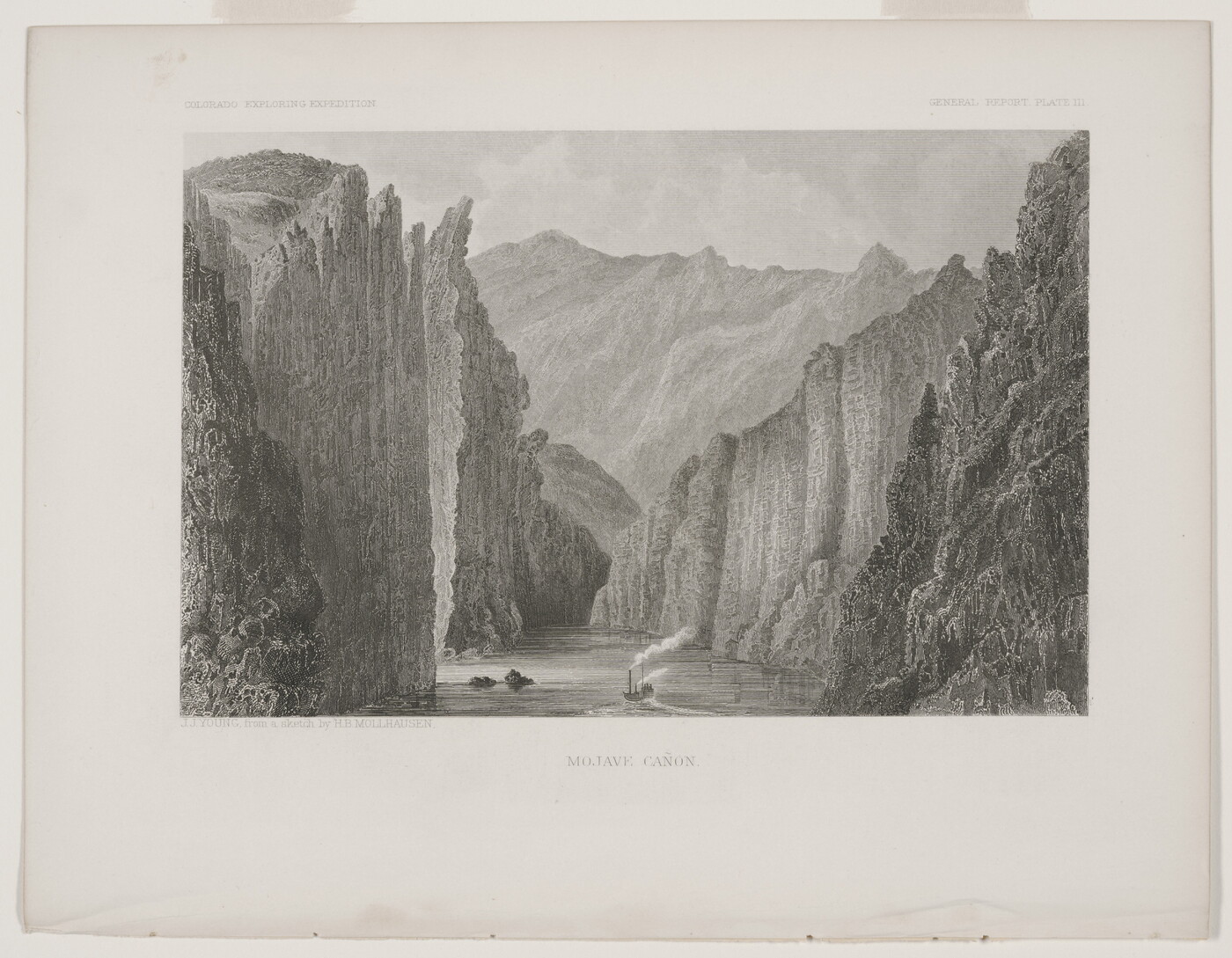 A black-and-white print of a steamboat moving down a river surrounded by tall cliffs and large rock formations.