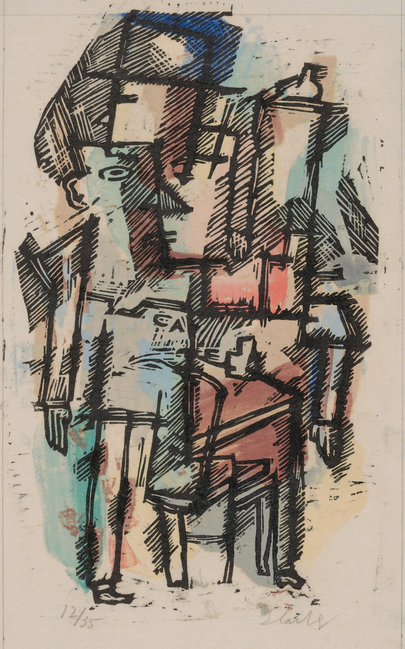 A color print of abstracted men suggested by hints of legs, hands, and faces.