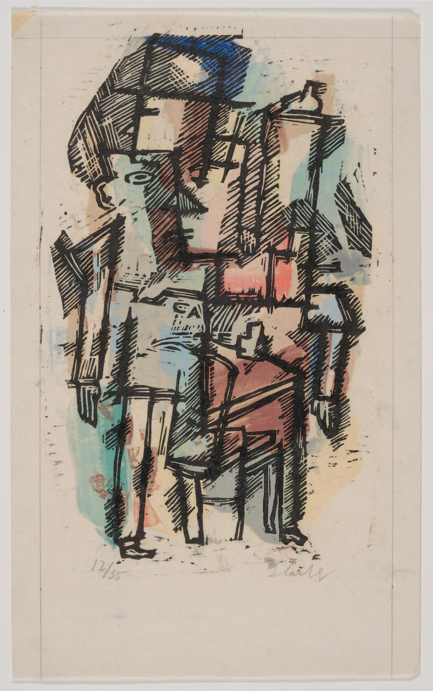 A color print of abstracted men suggested by hints of legs, hands, and faces.