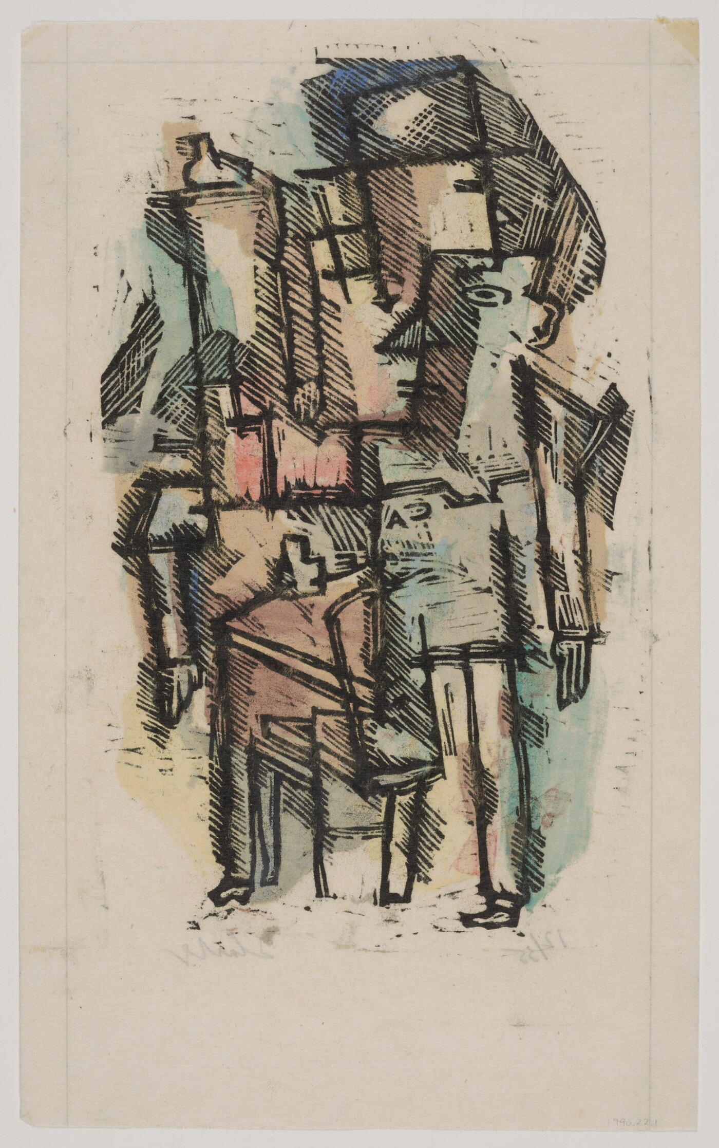 A color print of abstracted men suggested by hints of legs, hands, and faces.