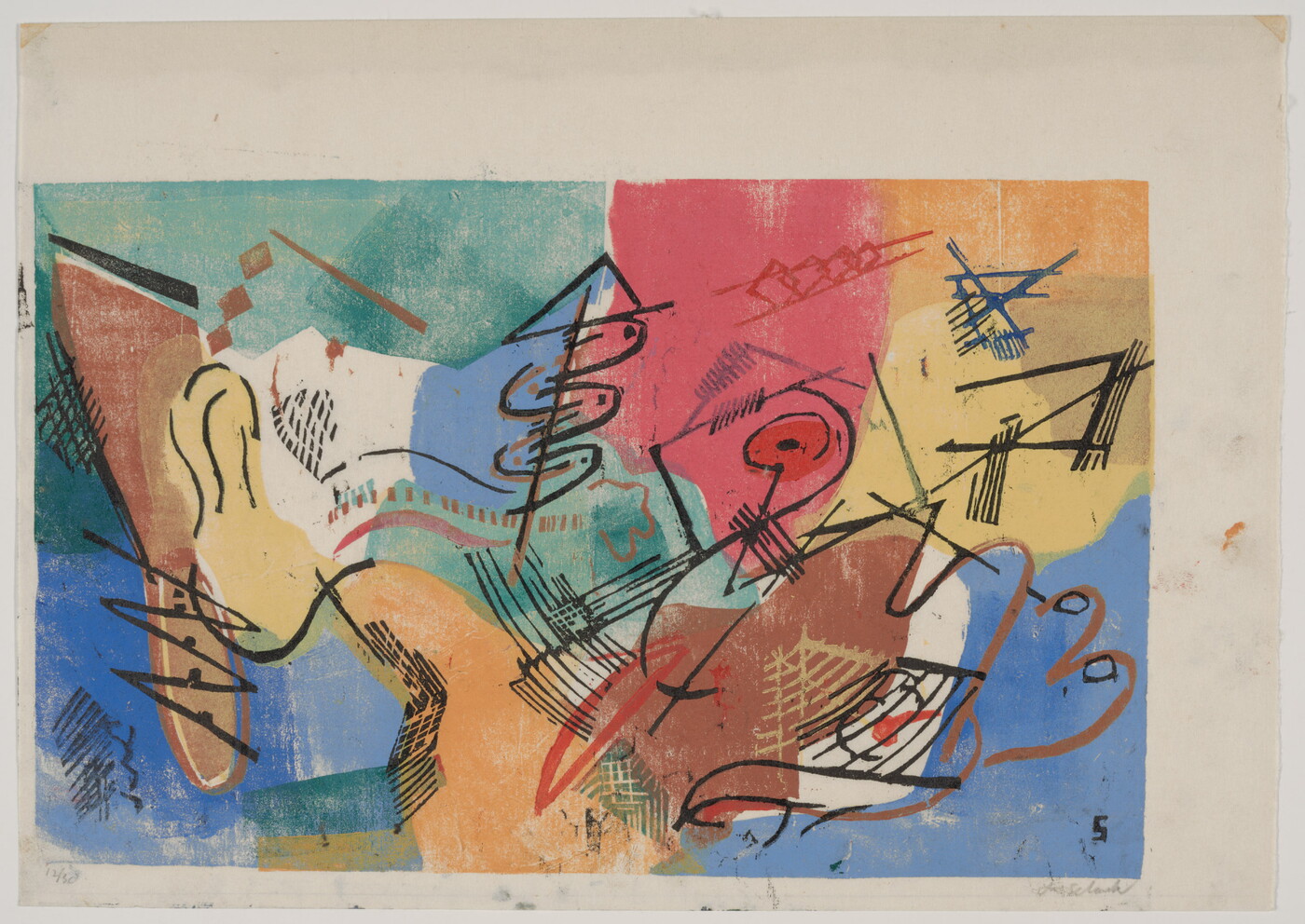 An abstract color print of freeform shapes in green, red, yellow, blue, and orange and black curved and straight lines.