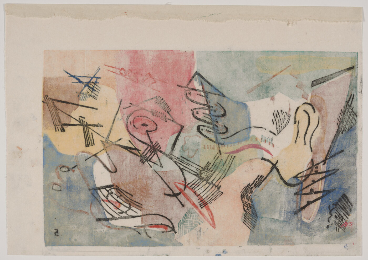 An abstract color print of freeform shapes in green, red, yellow, blue, and orange and black curved and straight lines.