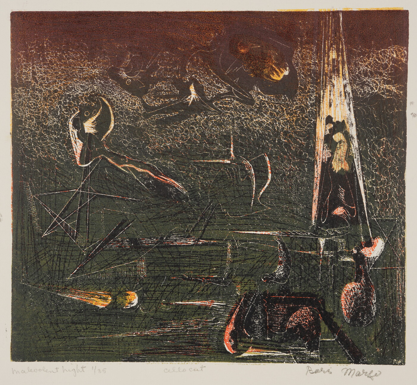 An abstract color print of muted green, red, and beige lines and forms.