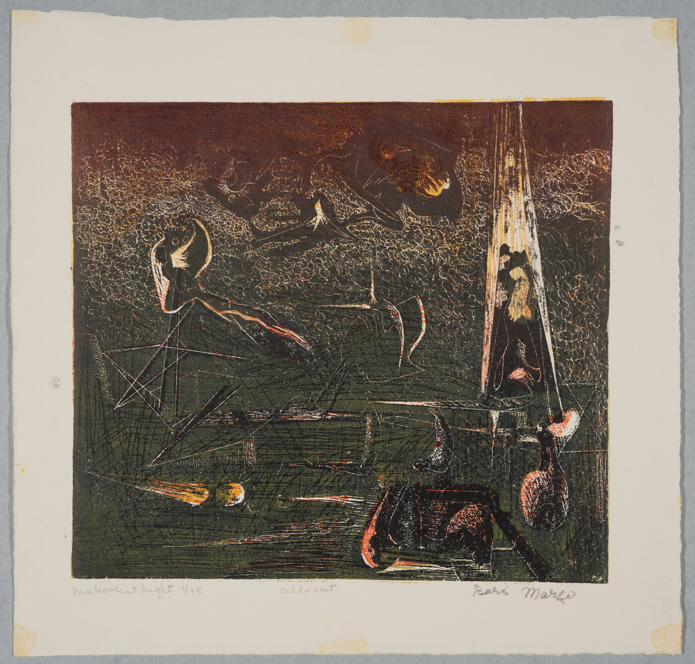 An abstract color print of muted green, red, and beige lines and forms.