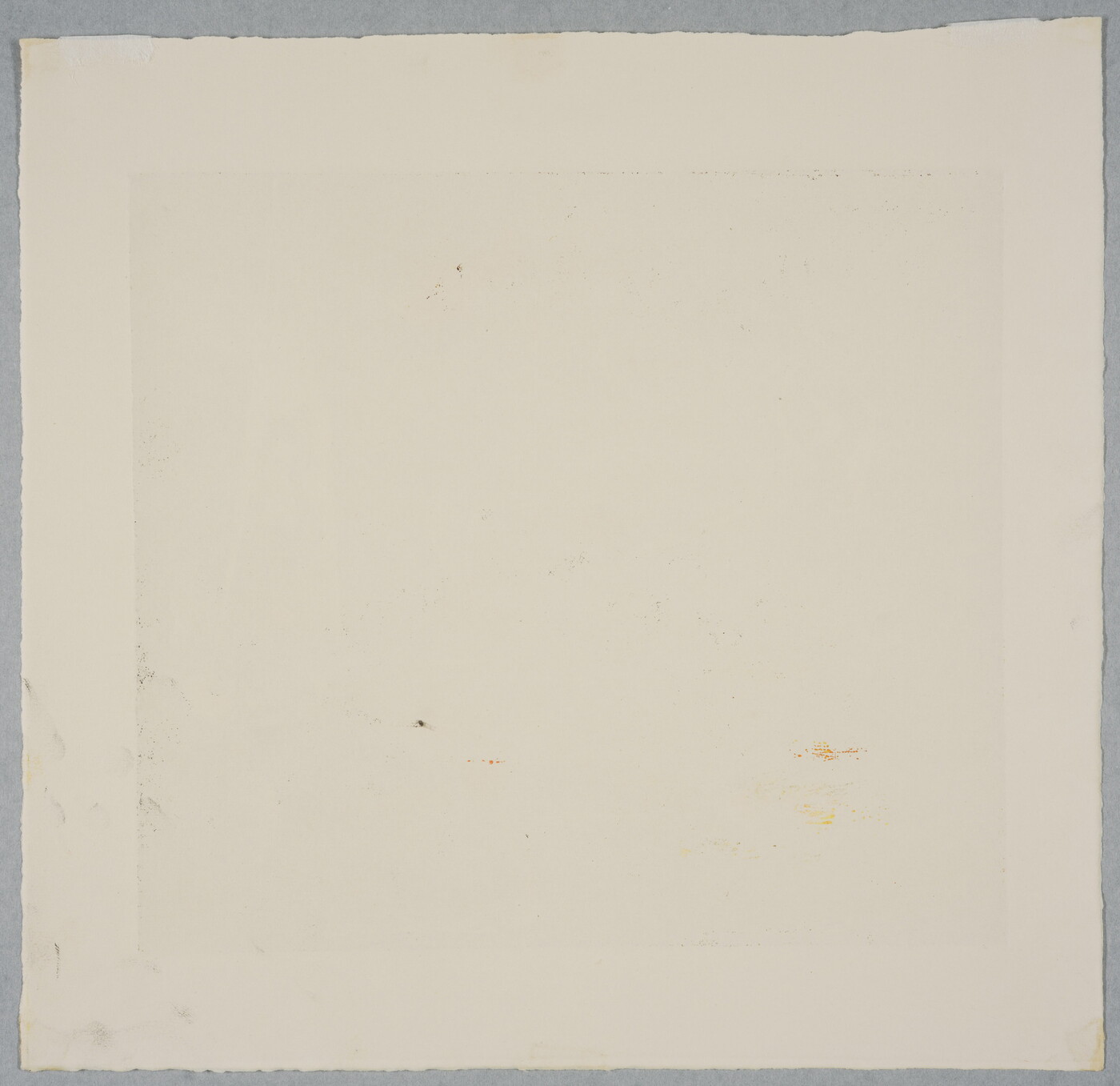 An abstract color print of muted green, red, and beige lines and forms.