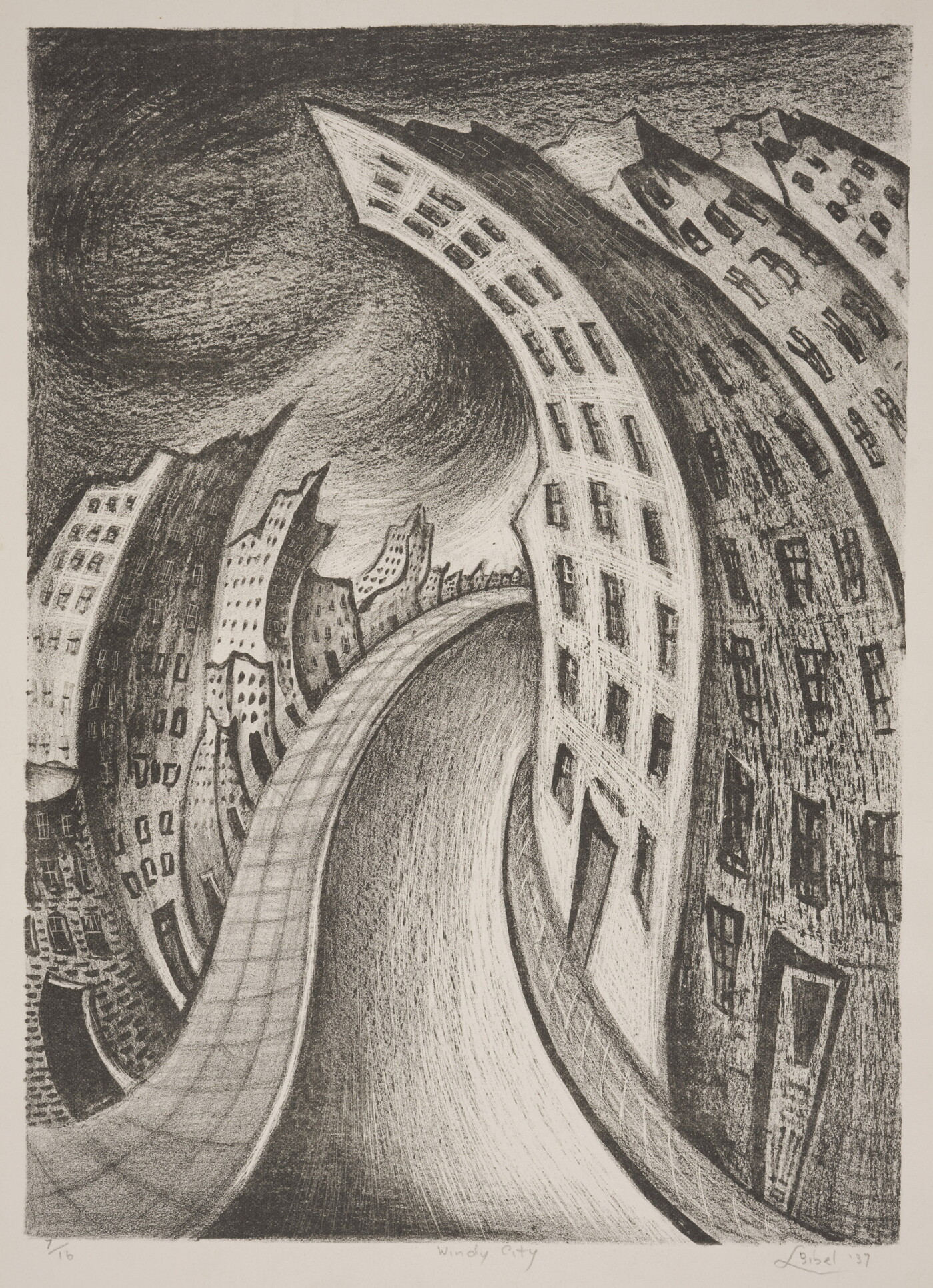 A black-and-white print of a distorted cityscape that includes skyscrapers and a road going through the middle.