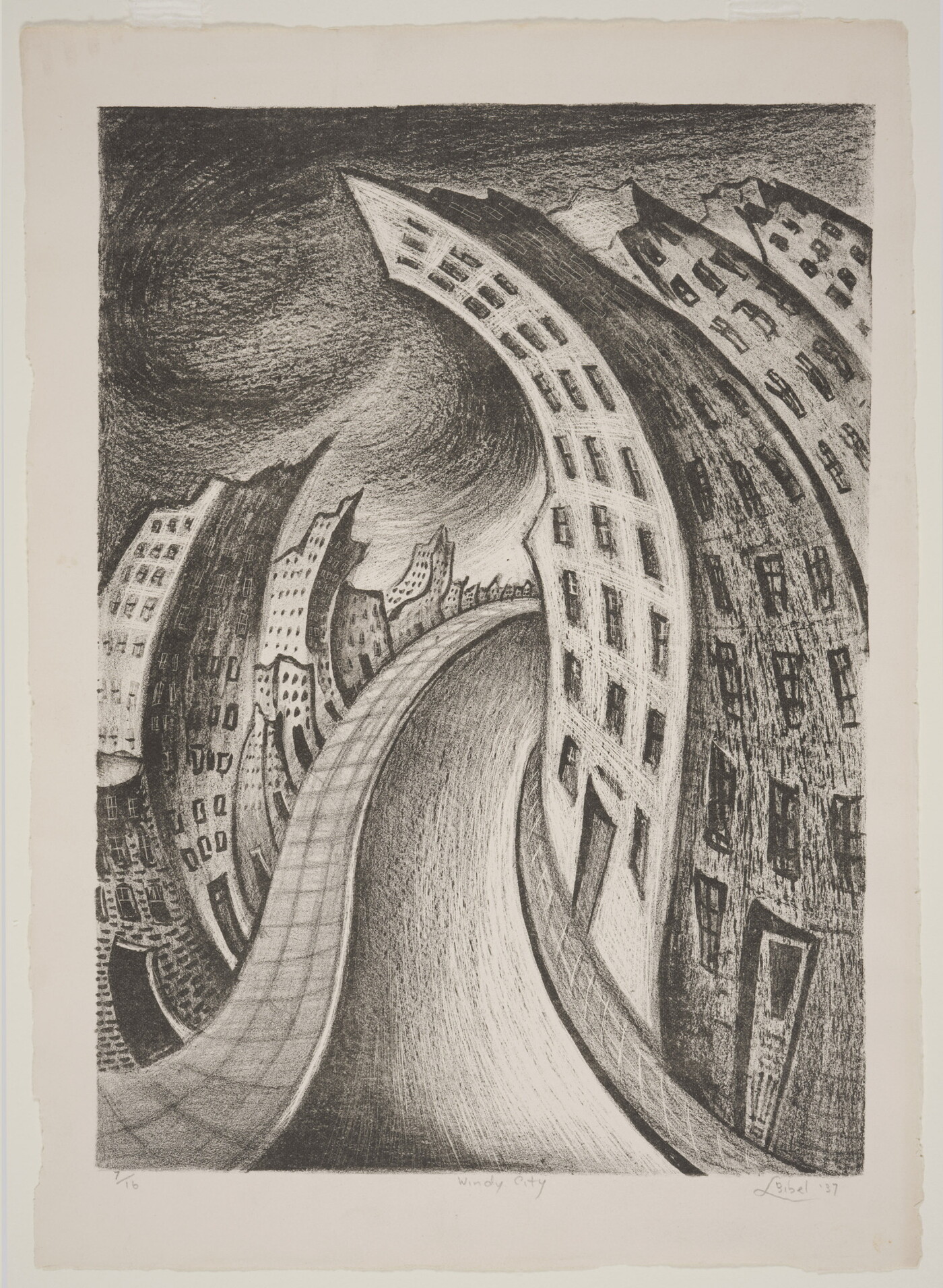 A black-and-white print of a distorted cityscape that includes skyscrapers and a road going through the middle.