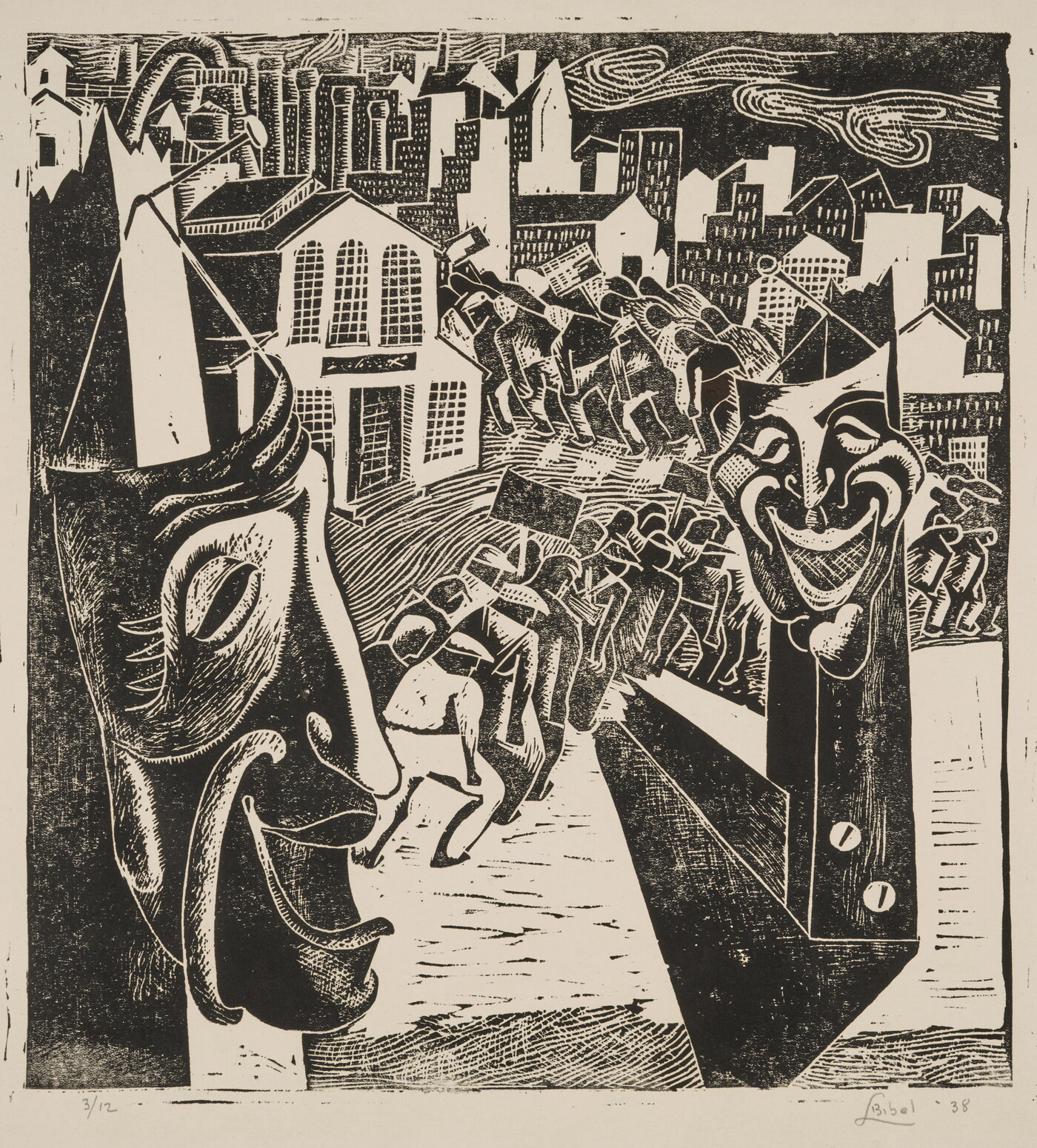 A busy black-and-white print of smiling theater masks hanging on posts and a long line of people marching with picket signs toward a city in the background.