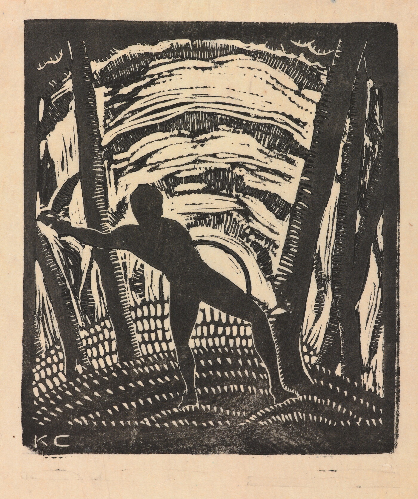 A black-and-white print of a stylized male figure in silhouette cutting down a tree in front of a sun that is either setting or rising.