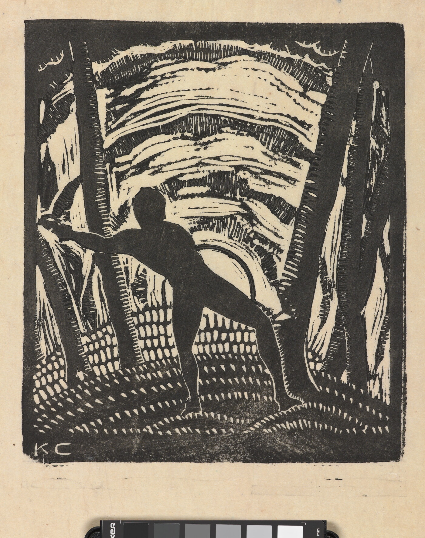 A black-and-white print of a stylized male figure in silhouette cutting down a tree in front of a sun that is either setting or rising.