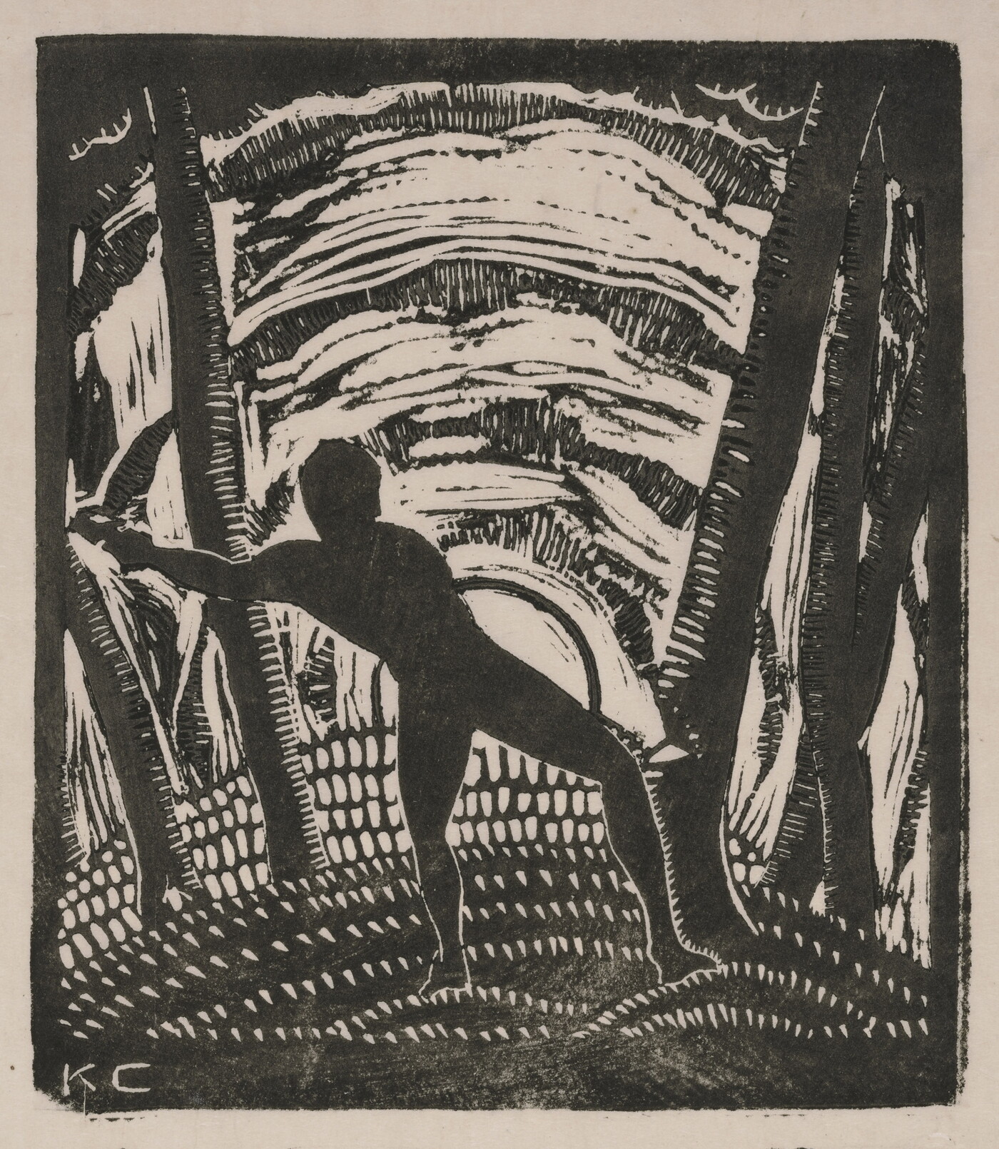 A black-and-white print of a stylized male figure in silhouette cutting down a tree in front of a sun that is either setting or rising.