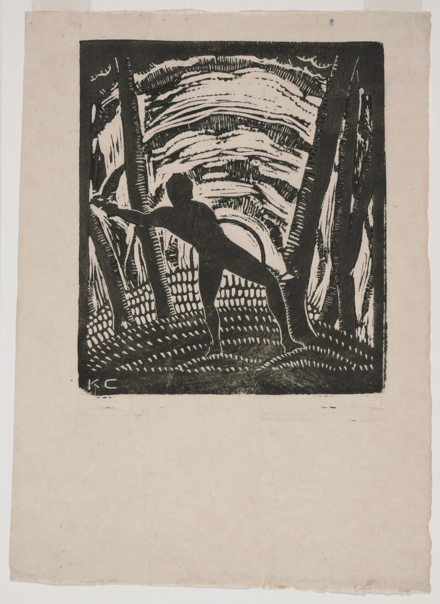 A black-and-white print of a stylized male figure in silhouette cutting down a tree in front of a sun that is either setting or rising.