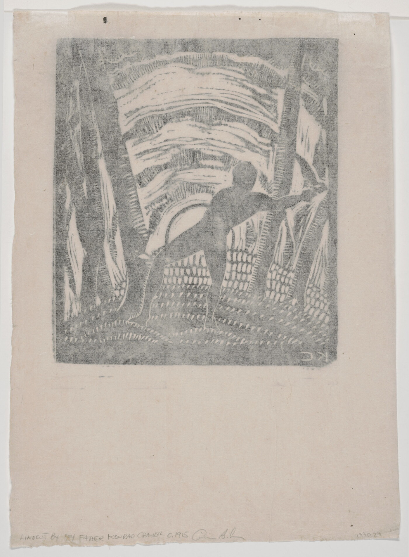 A black-and-white print of a stylized male figure in silhouette cutting down a tree in front of a sun that is either setting or rising.