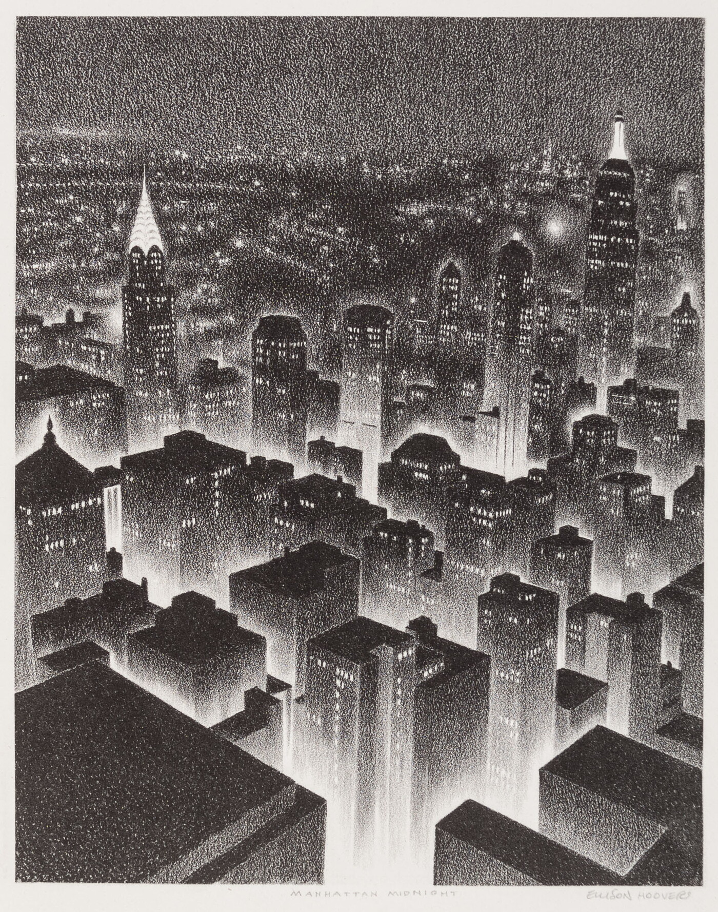 A black-and-white geometric print of a bird&#039;s eye view of a New York City at night.