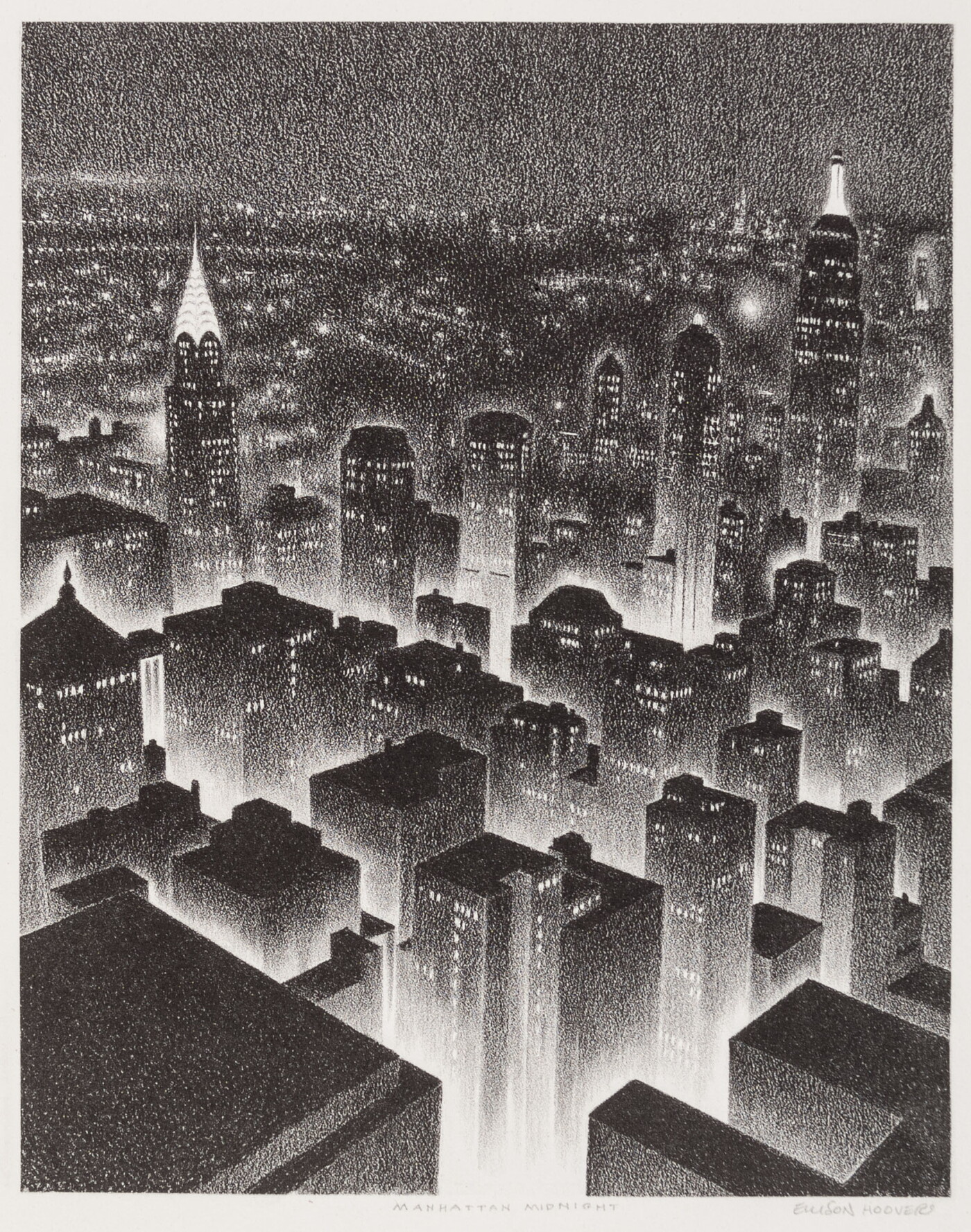A black-and-white geometric print of a bird&#039;s eye view of a New York City at night.