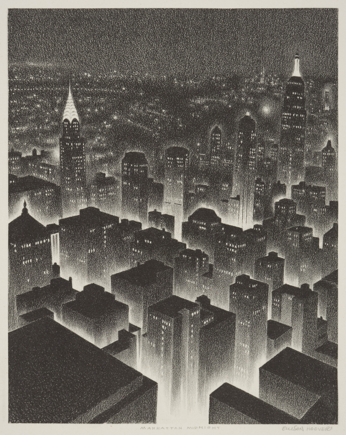A black-and-white geometric print of a bird's eye view of a New York City at night.