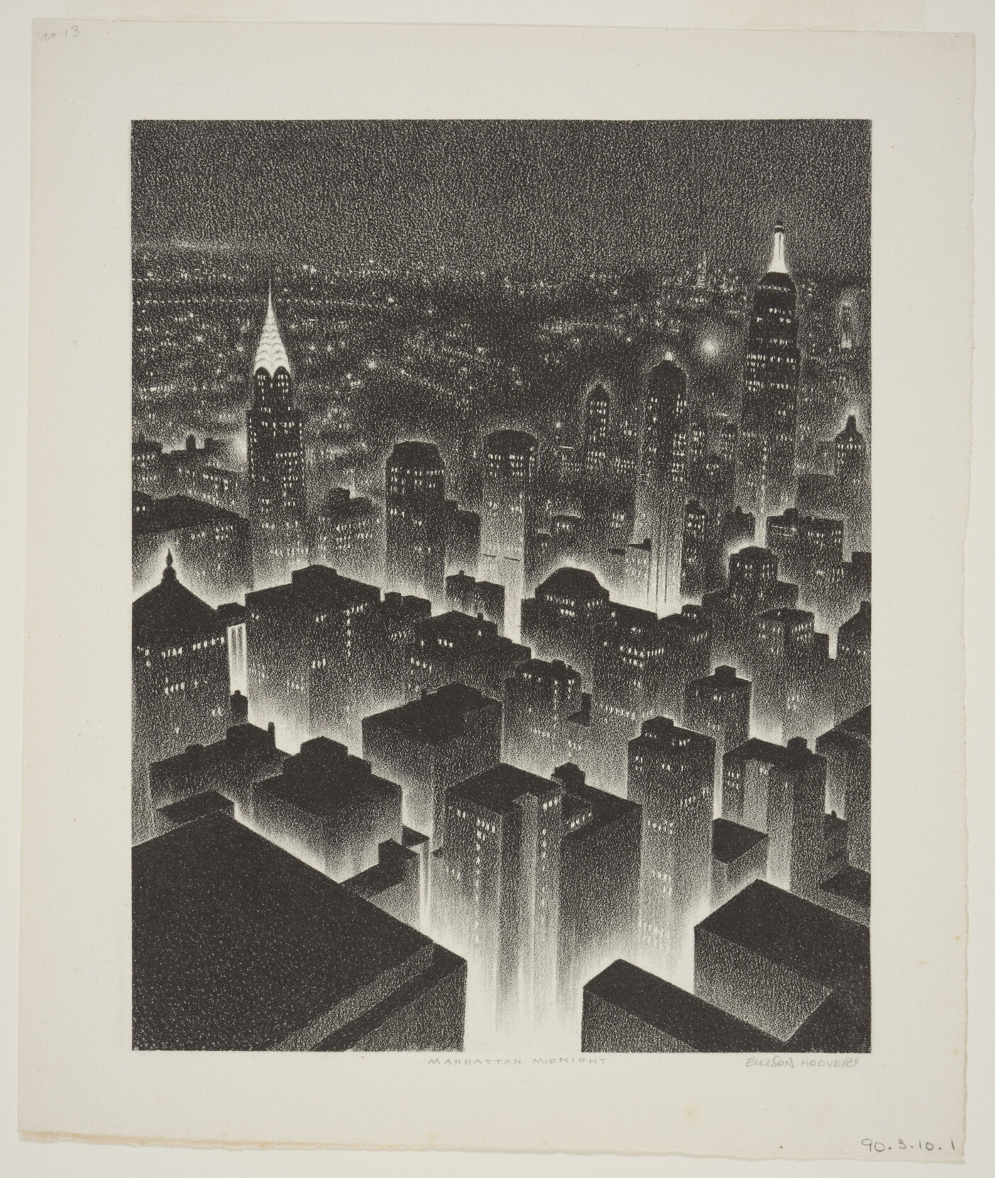 A black-and-white geometric print of a bird's eye view of a New York City at night.