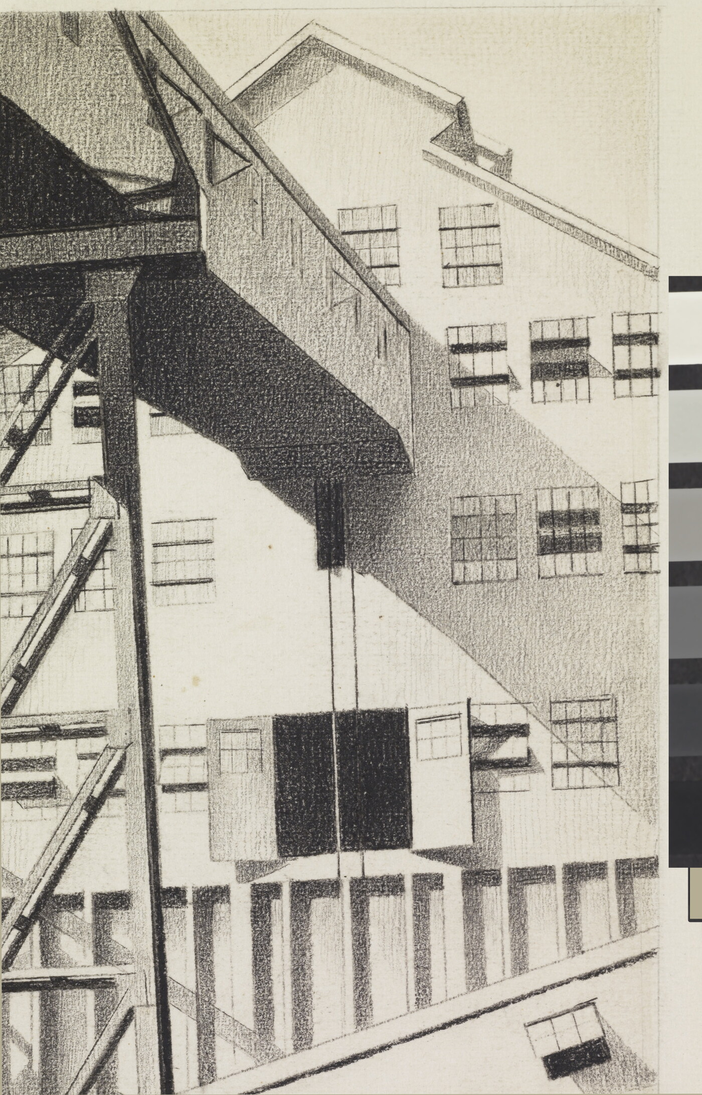 A detail of a black-and-white drawing of a multi-story, industrial building with chutes and ramps.