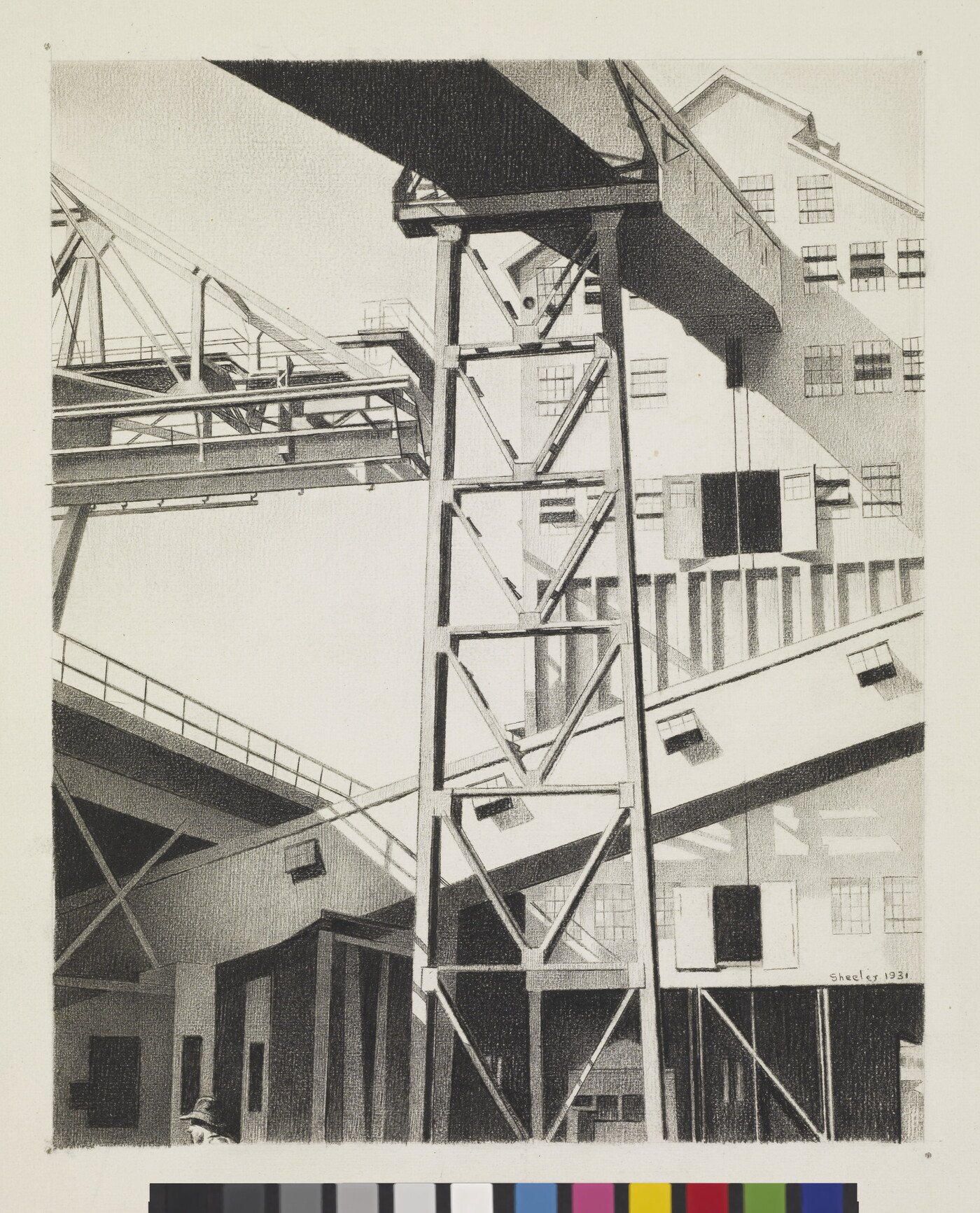 A black-and-white drawing of a multi-story, industrial building with chutes and ramps.