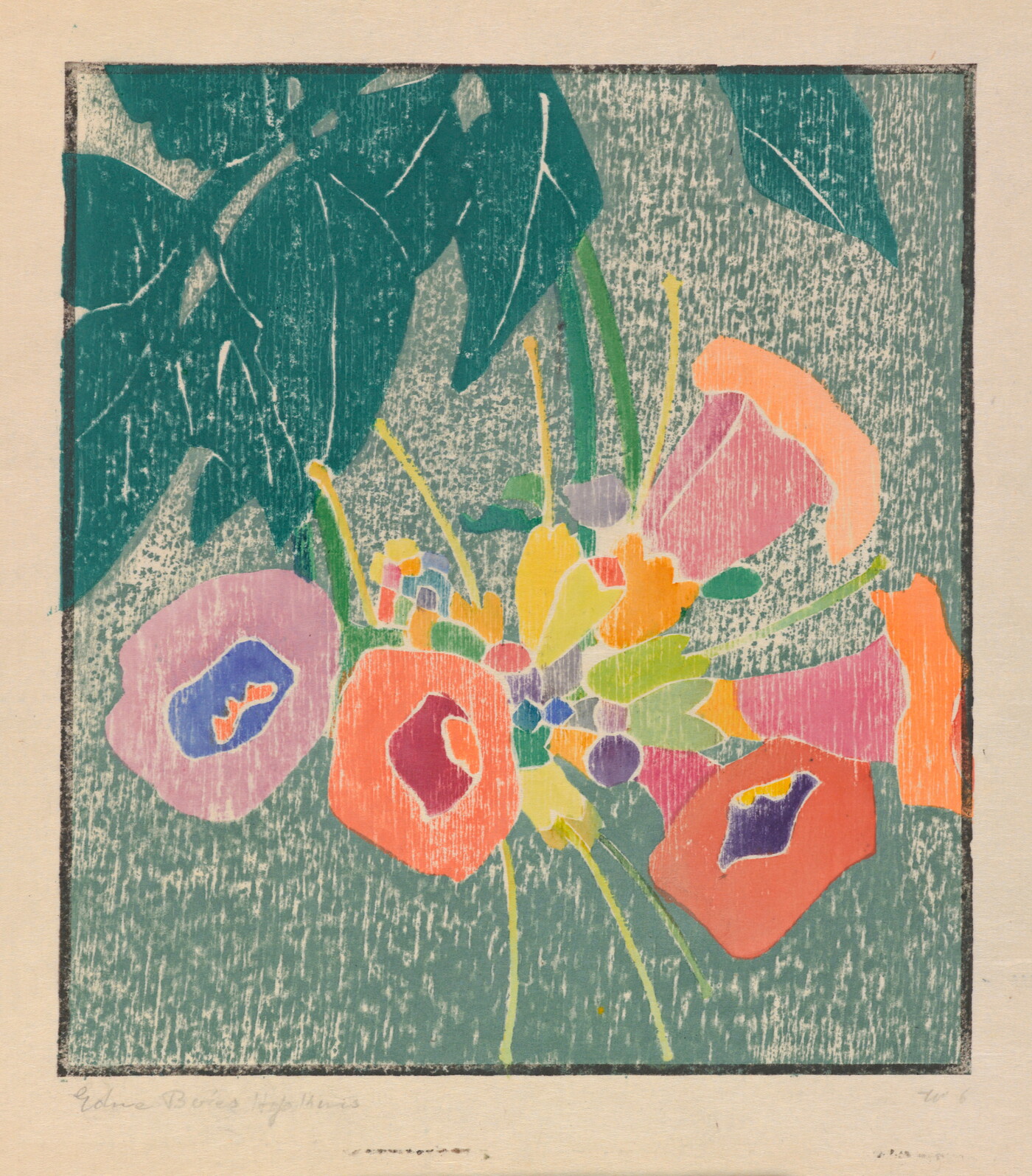 A color print of very brightly colored flowers next to green leaves against a speckled green background.