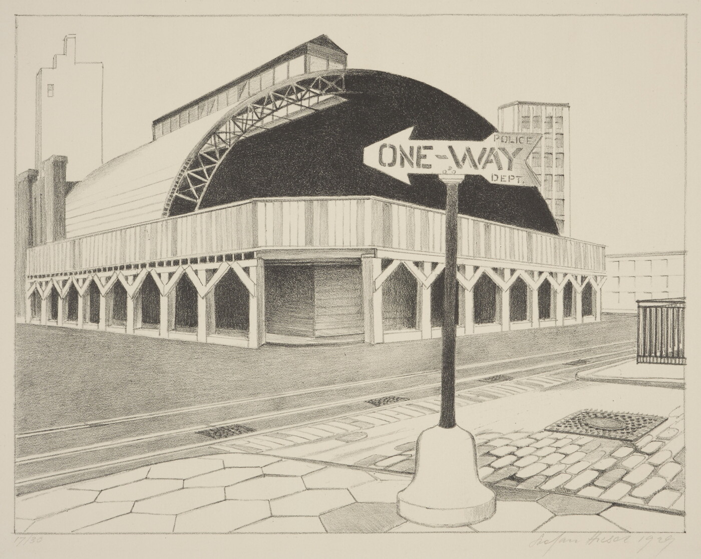 A black-and-white print of large, domed building next to a street with a "one-way" street sign posted on the brick sidewalk next to it.