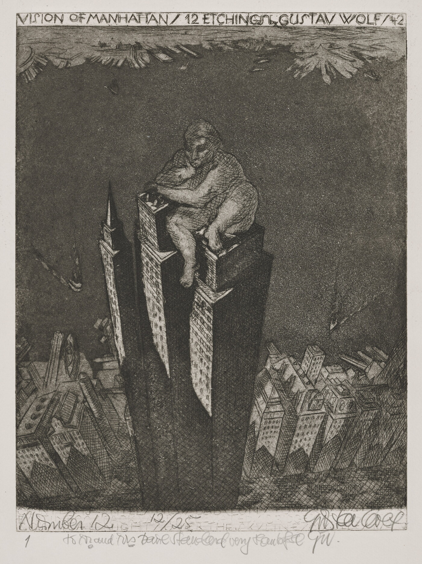 A black-and-white print of three skyscrapers towering over the rest of skyline with a larger-than-life nude person sitting on top of the skyscrapers.