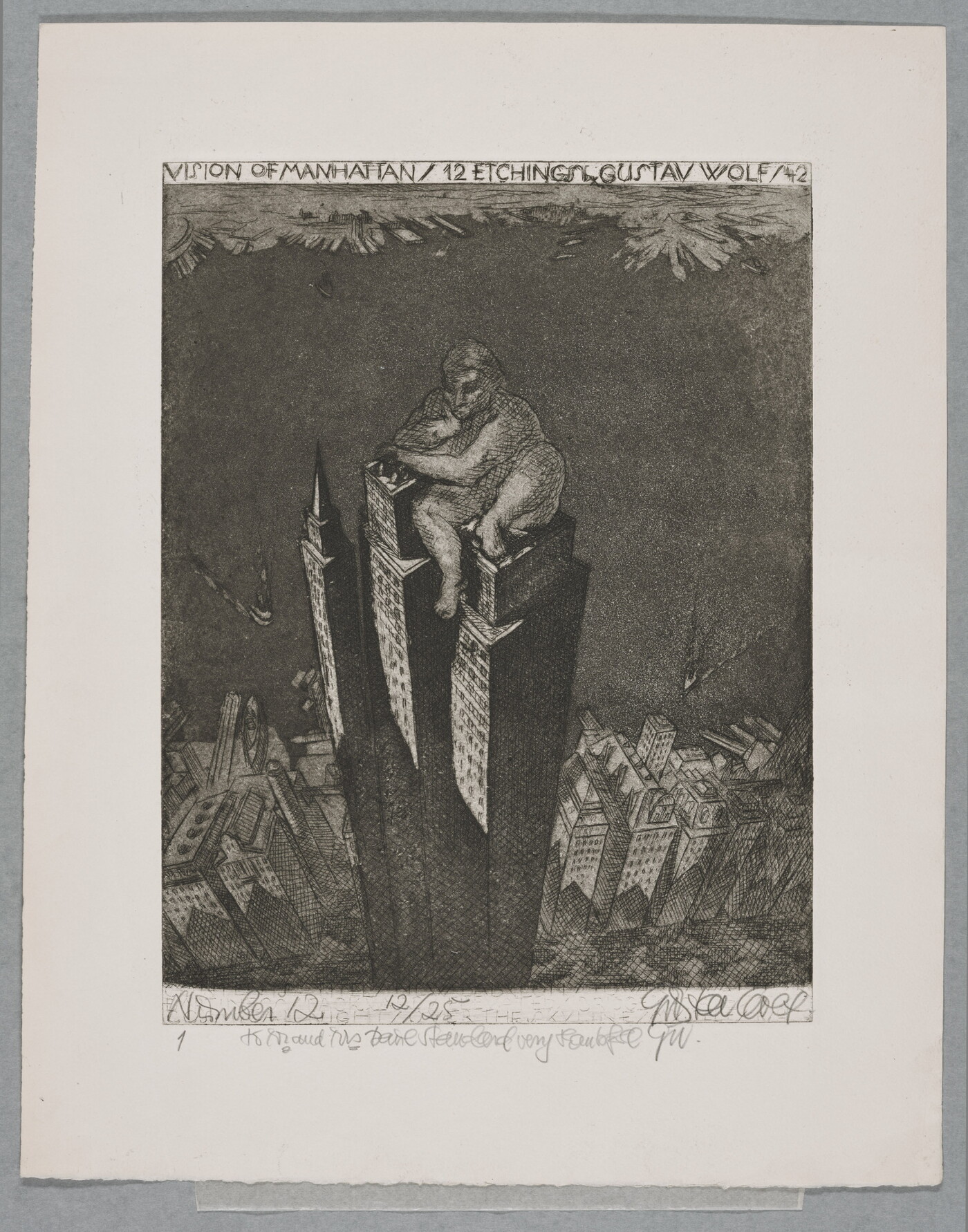 A black-and-white print of three skyscrapers towering over the rest of skyline with a larger-than-life nude person sitting on top of the skyscrapers.