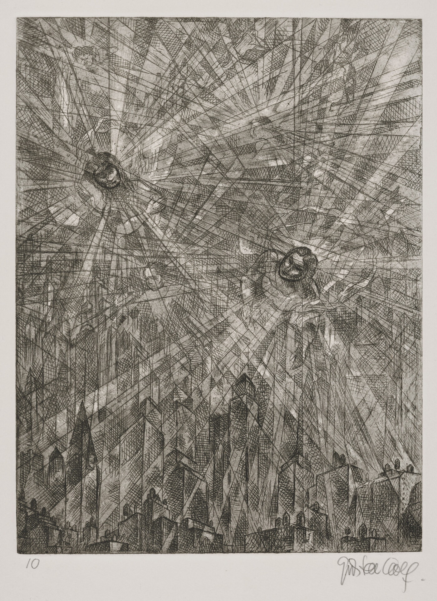 A black-and-white print of two human figures, heads only, with radiating gray-scale lines and shapes over a city skyline.